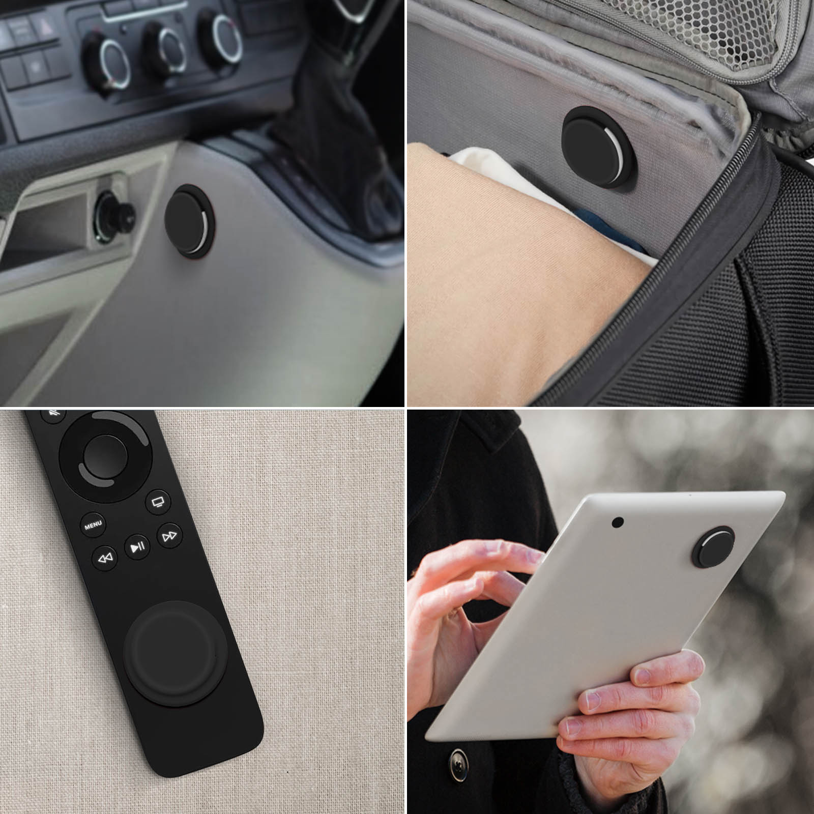 Collage: Schwarze runde Smart-Tasten in verschiedenen Umgebungen wie Auto, Tasche, Fernbedienung und Tablet.