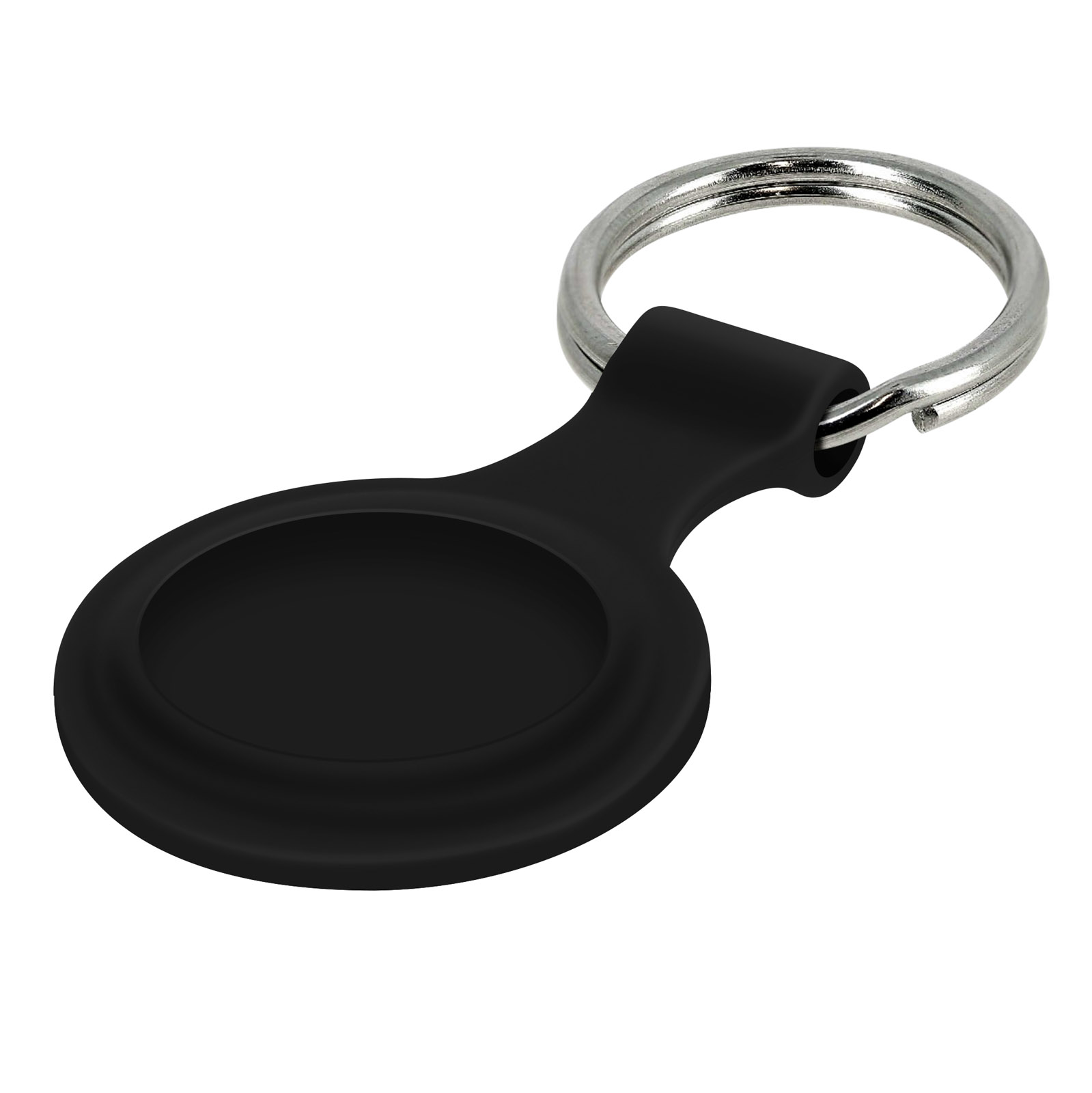 Supporto AirTag nero con anello argentato. Il supporto è circolare e l'anello è attaccato in alto.