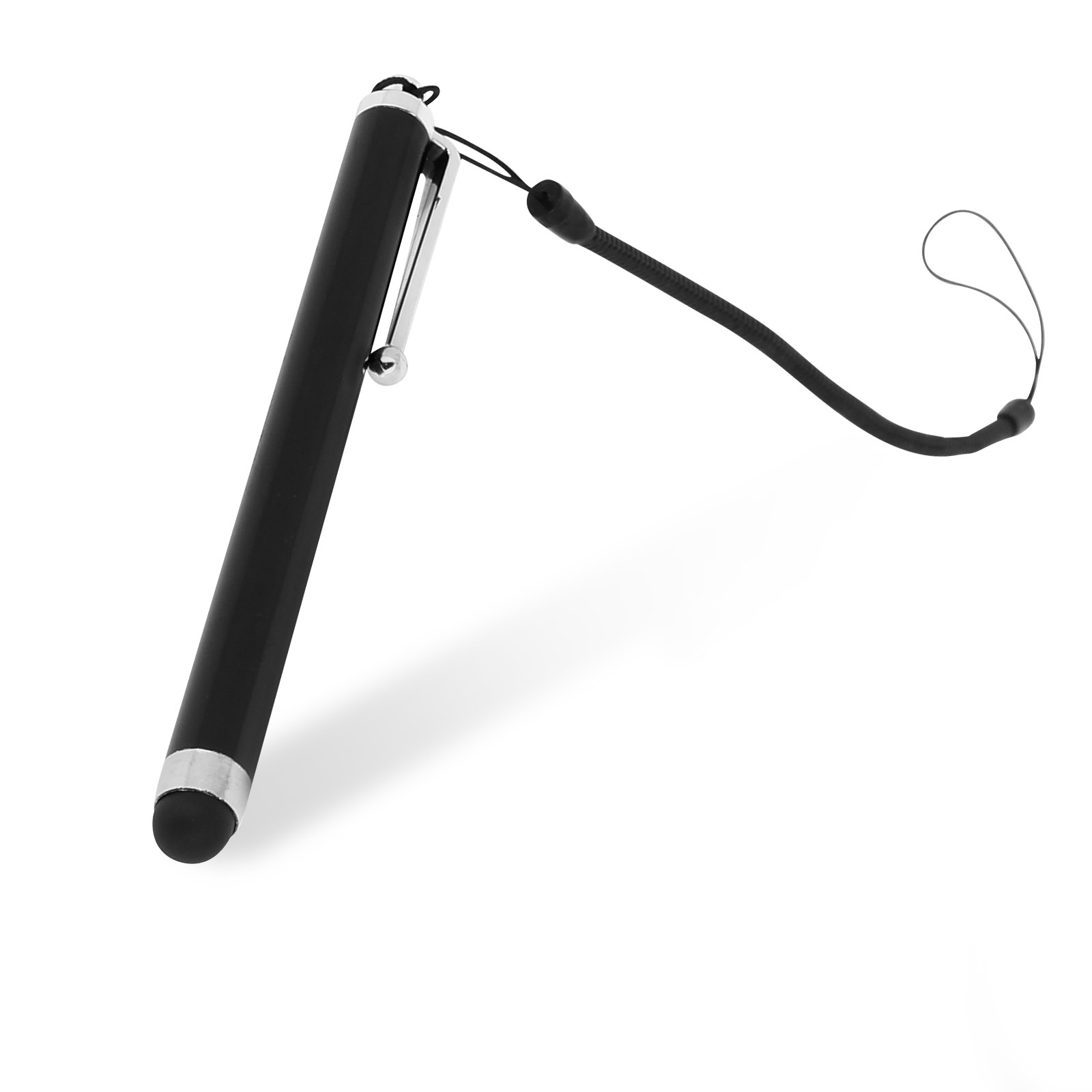 Schwarzer Eingabestift mit silbernem Akzent und schwarzem Schlüsselband auf weißem Untergrund.
