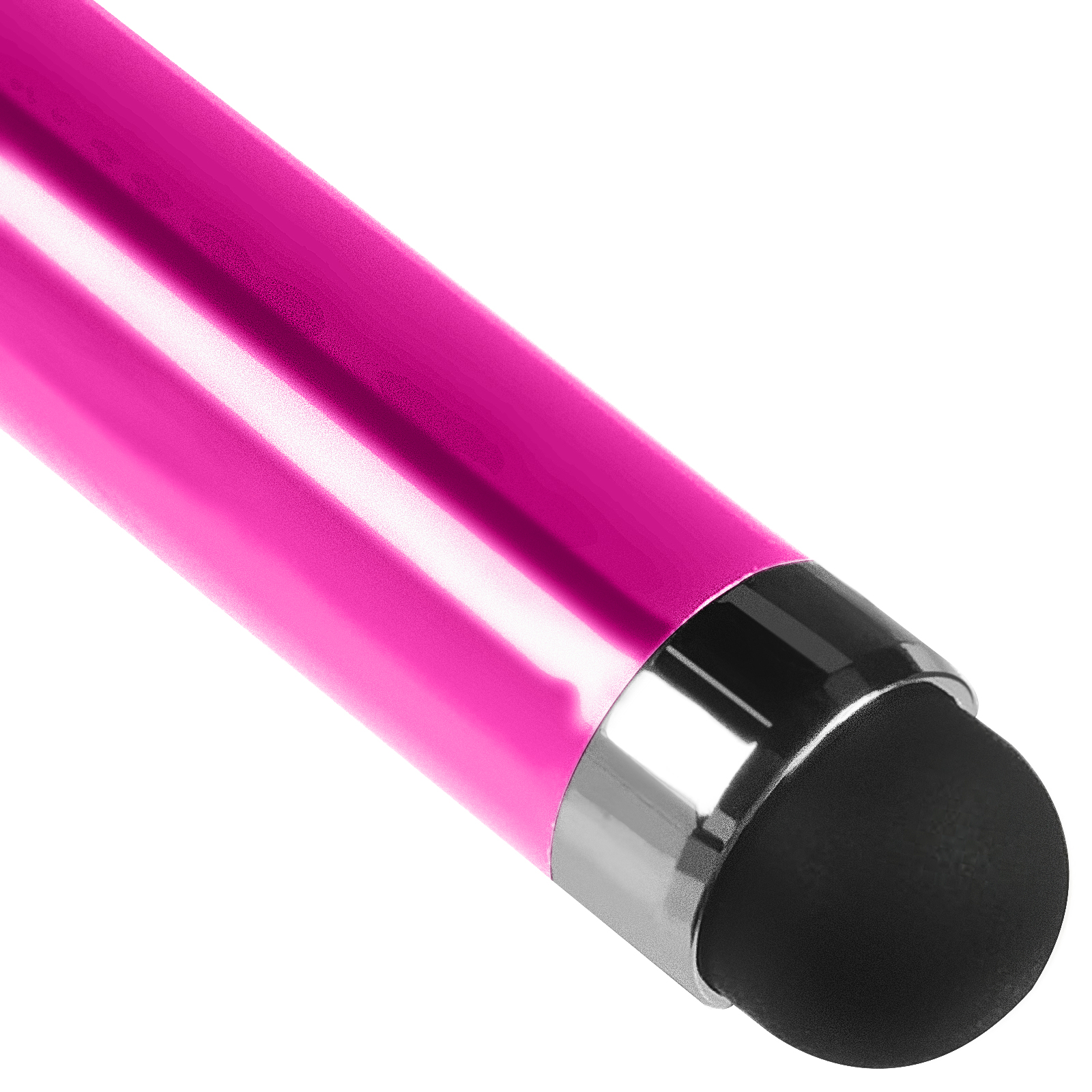 Pinker Stylus-Stift mit schwarzer Gummispitze und silbernen Metallakzenten.