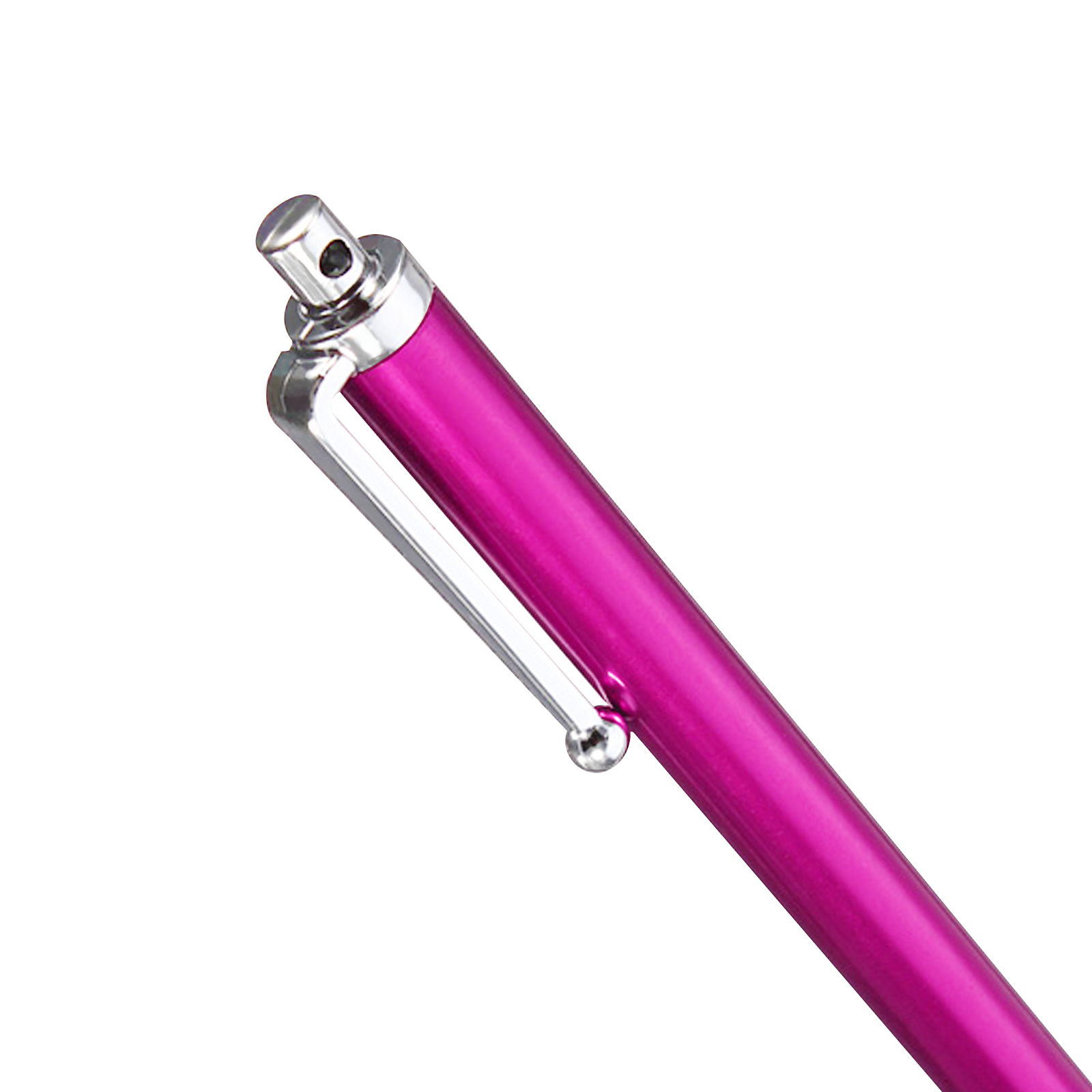 Nahaufnahme eines pinkfarbenen Eingabestifts mit silbernem Clip.
