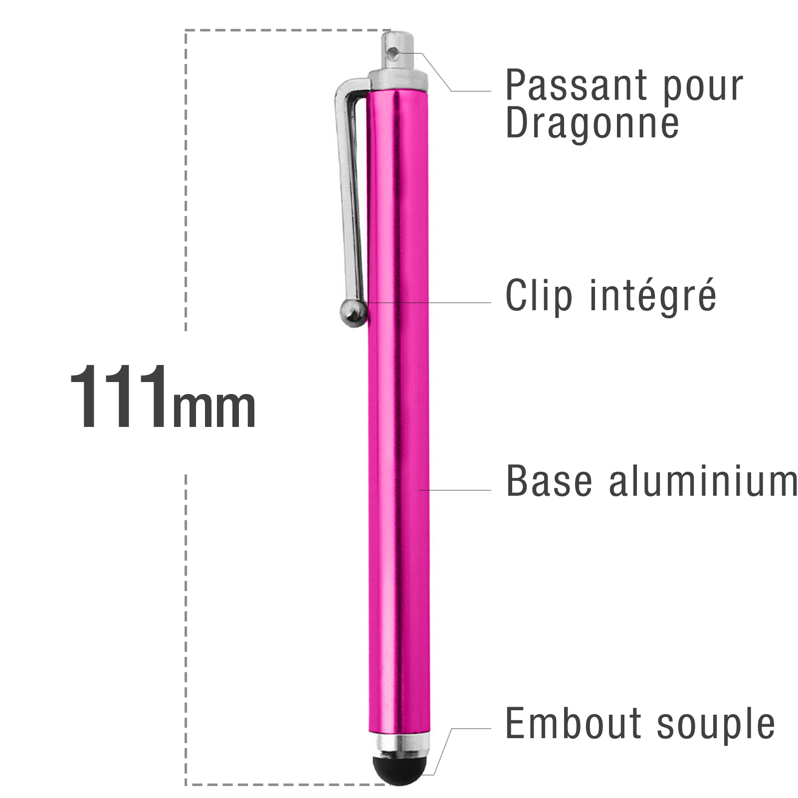 Ein pinkfarbener Stift mit Etiketten, die Länge und Merkmale zeigen, auf weißem Grund.