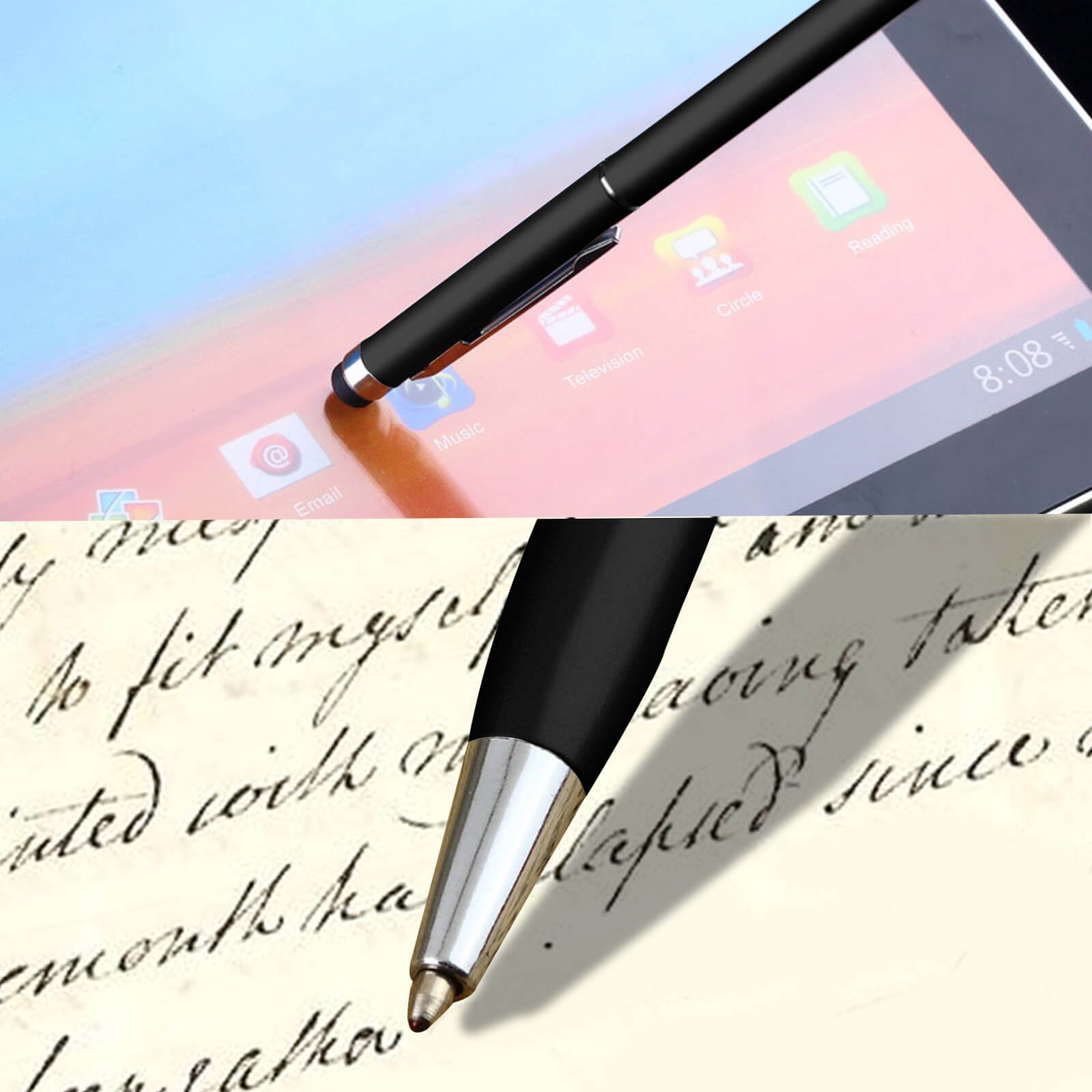 Stilo su schermo tablet e penna su lettera.