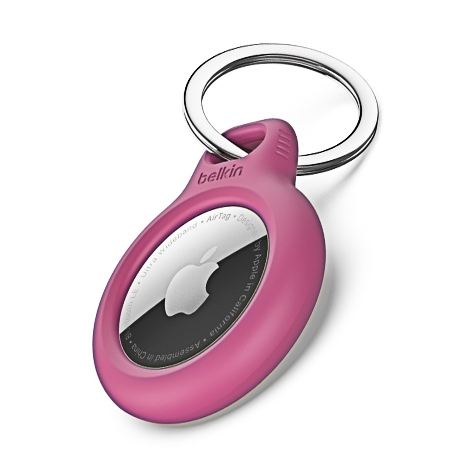 Różowy Belkin AirTag na białym tle. Srebrny pierścień i logo Apple widoczne.