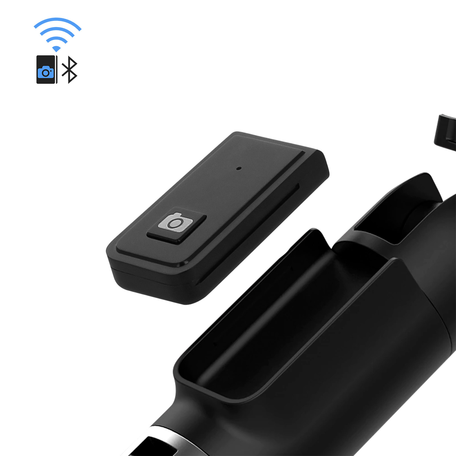 Bastone per selfie nero con telecomando. Icona Bluetooth e telefono con segnali wifi nell'angolo.