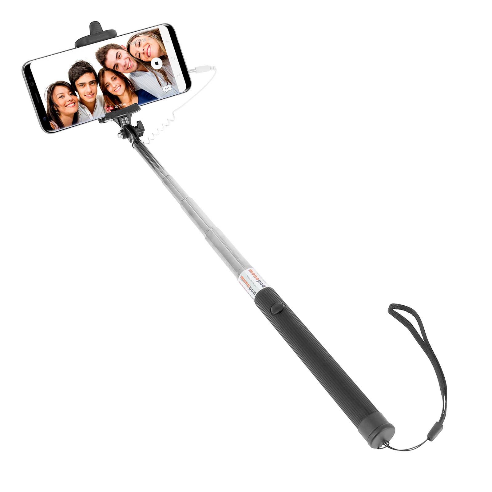 Selfie-Stick mit Telefon, das eine Gruppe von Freunden zeigt. Schwarzer Griff, silberner Stock und Halter.