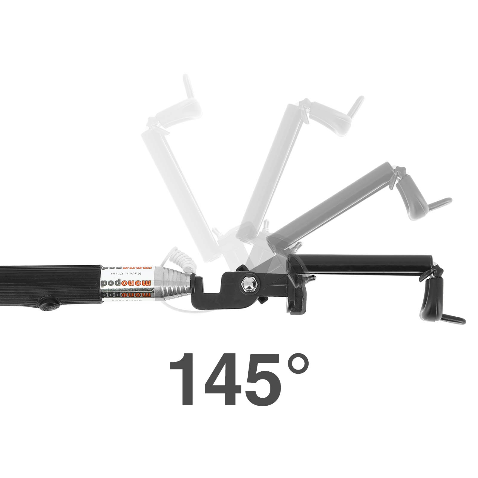 Selfie-Stick-Winkel einstellen. Schwarz und Silber, mit der Zahl 145° darunter geschrieben.