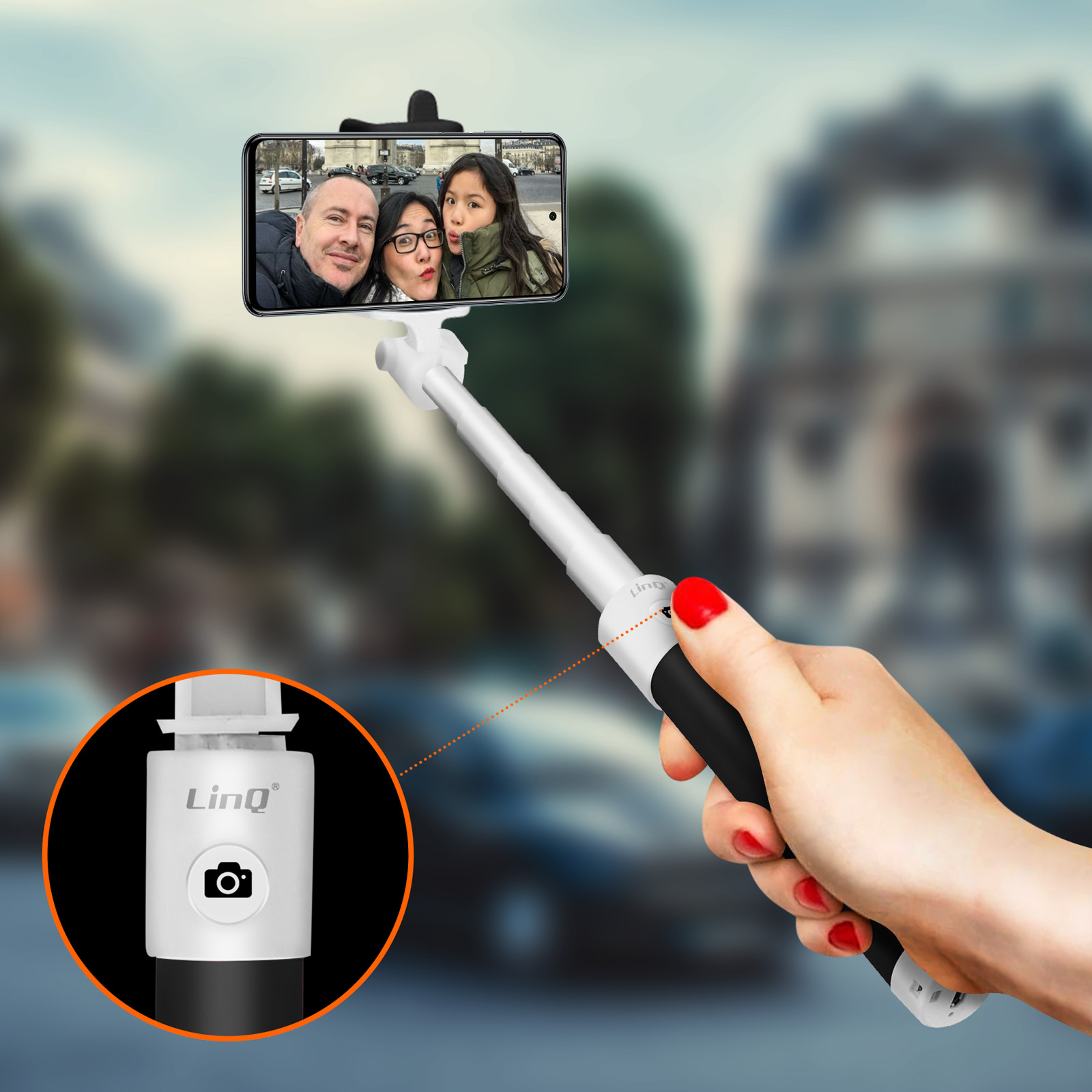 Schwarz Selfie-Sticks + Stick Selfie Auslöser Bluetooth LINQ