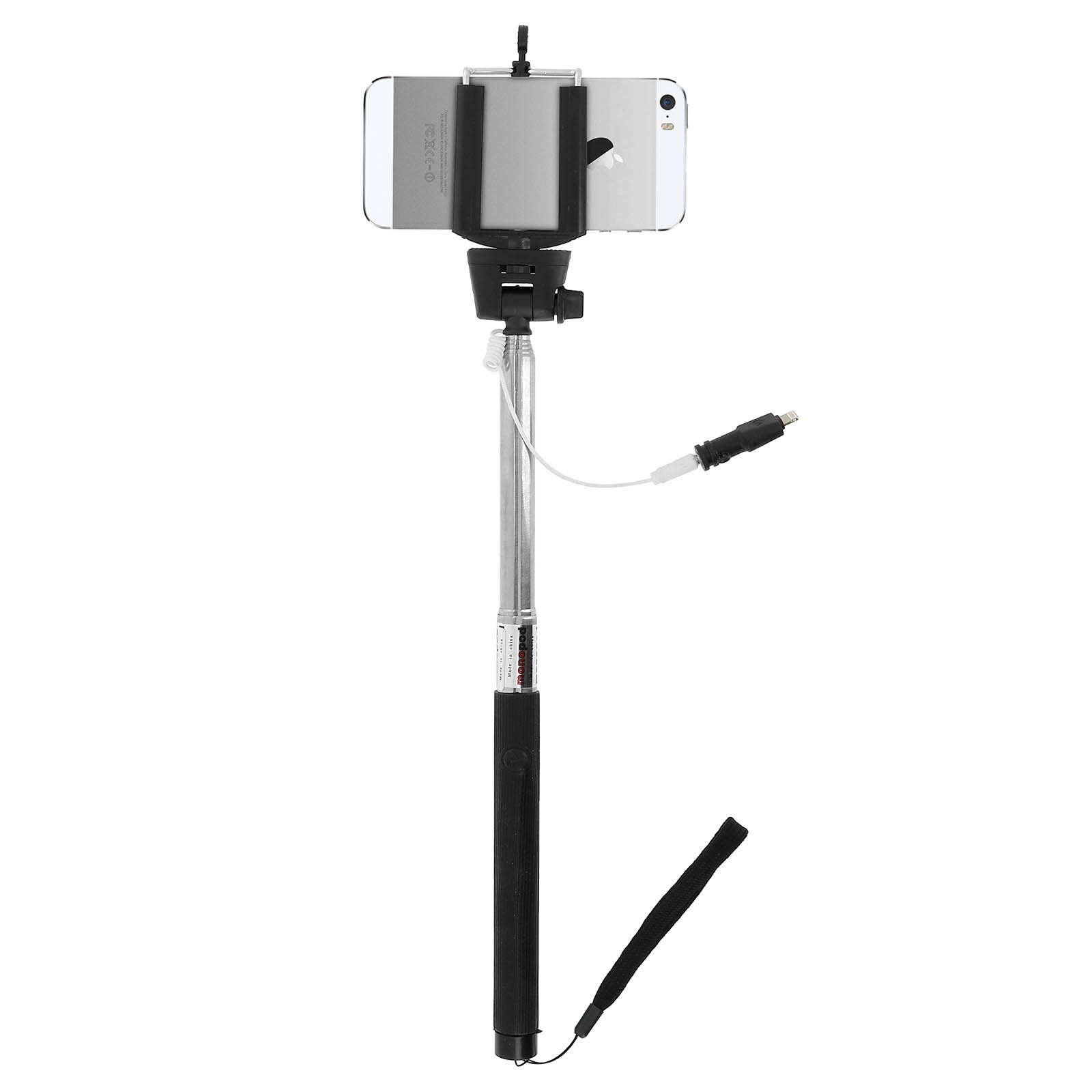 Un teléfono plateado sujeto a un palo selfie, con un cable blanco y un mango negro.