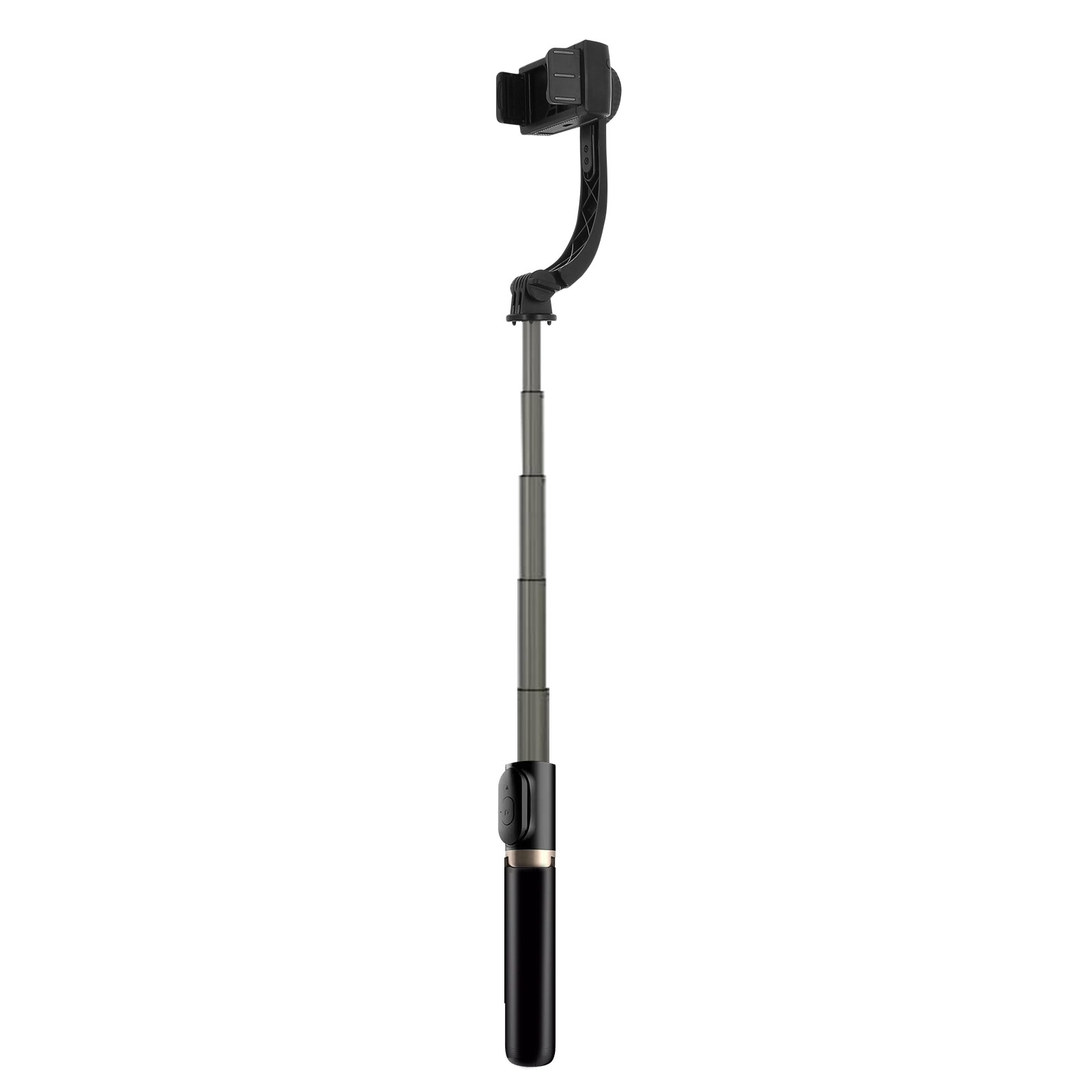 Palo selfie negro, extendido, con soporte para teléfono. Mango negro y extensiones plateadas.