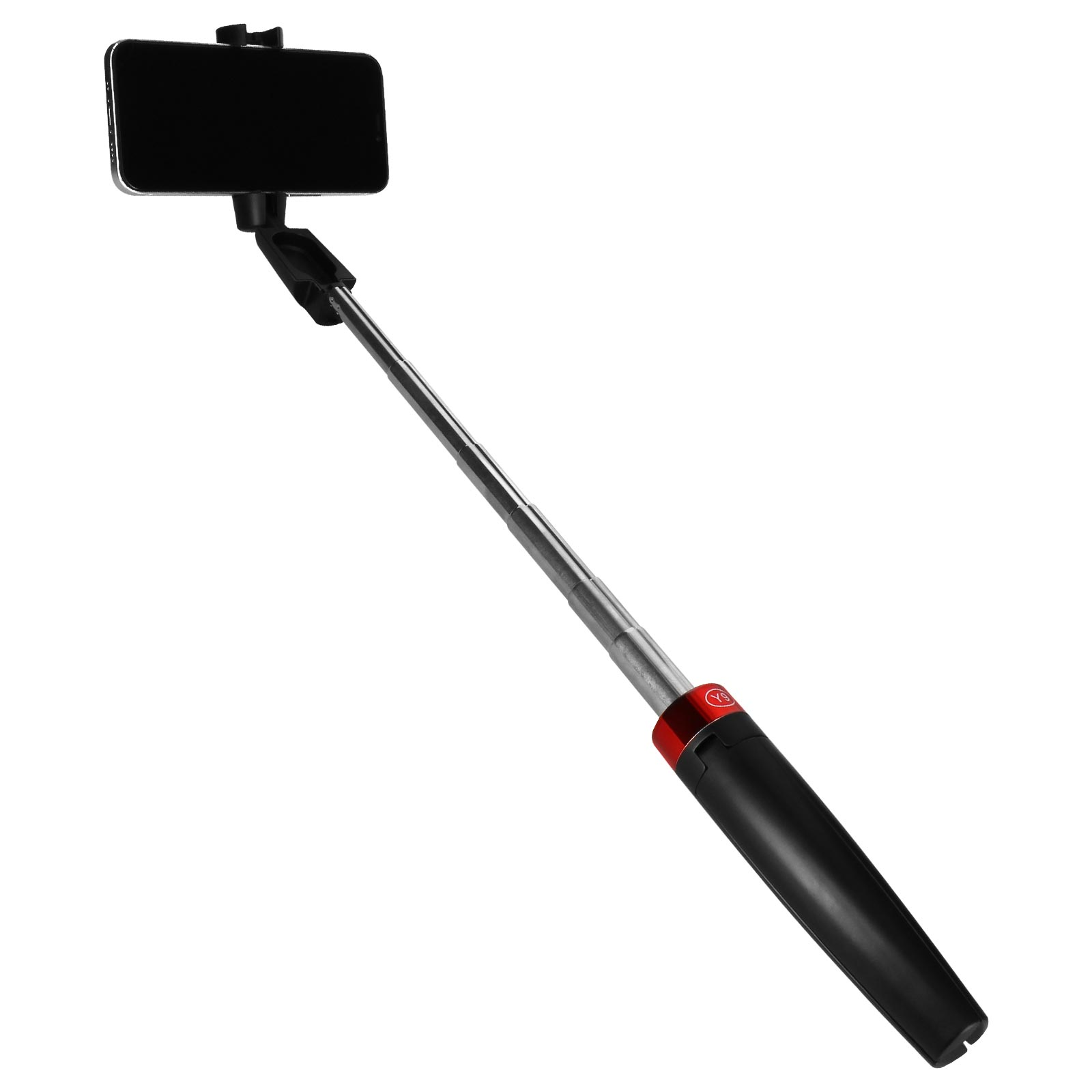 Palo selfie con teléfono. Acentos negros y rojos. El teléfono muestra una pantalla en blanco.