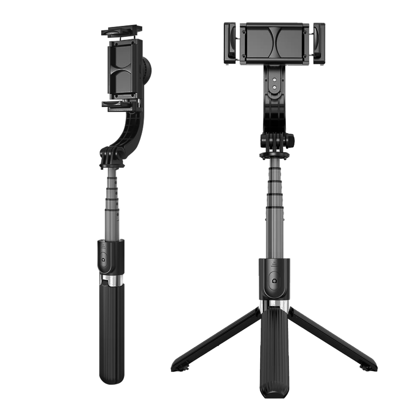 Due viste di un selfie stick nero con supporti per telefono, uno dritto e uno inclinato.