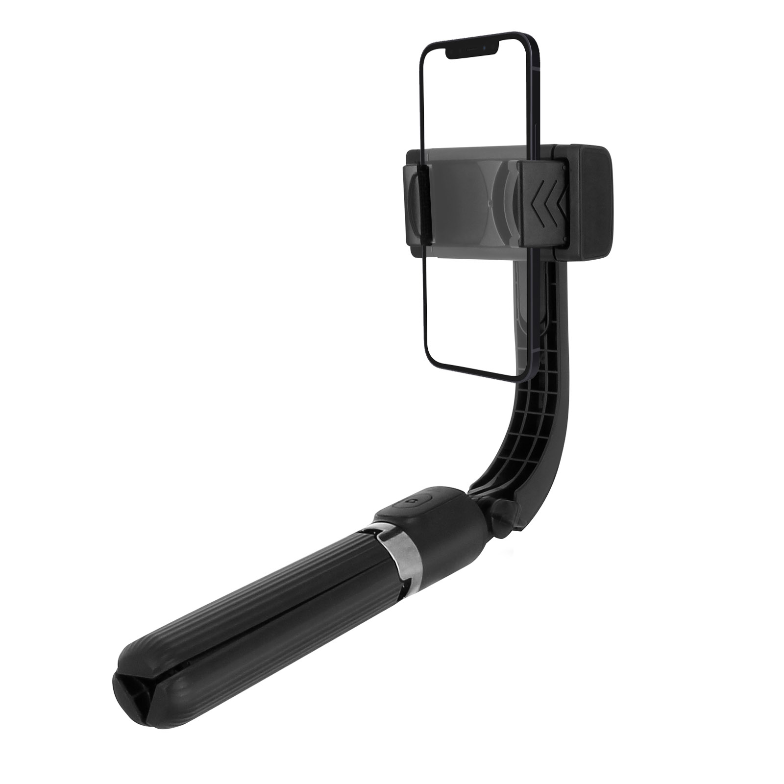 Bastone per selfie nero con un supporto per telefono. Il telefono è vuoto. Sfondo bianco.