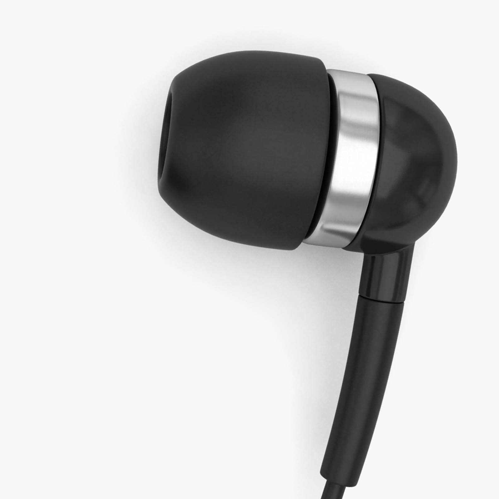 Auricolare nero con fascia argentata. Sfondo bianco, primo piano dell'auricolare.