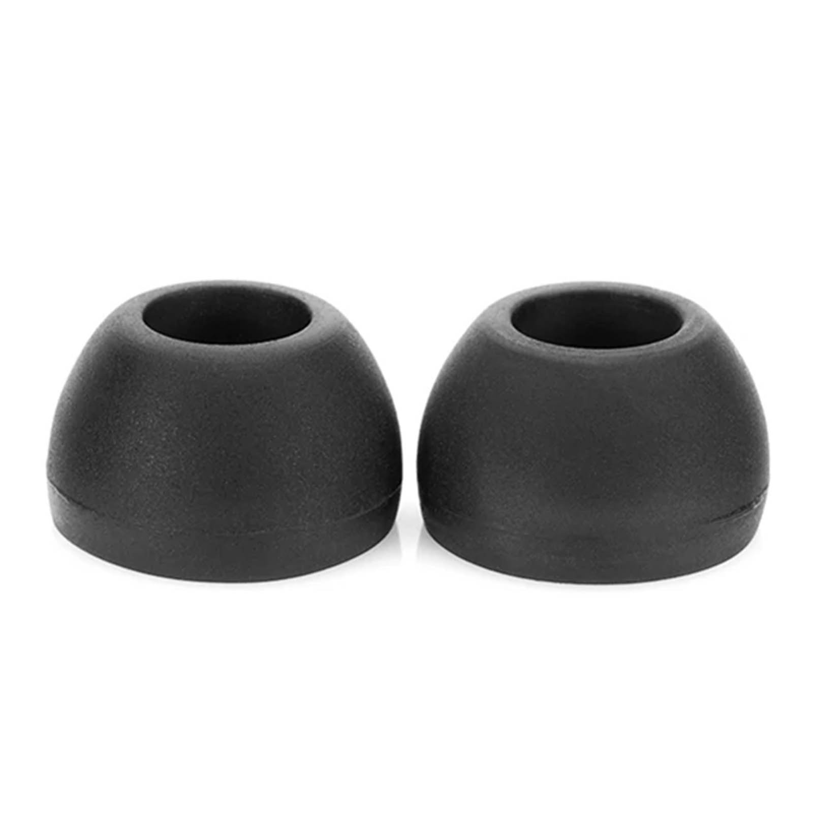 Due punte per auricolari nere. Hanno la stessa forma e dimensione. Sfondo bianco.