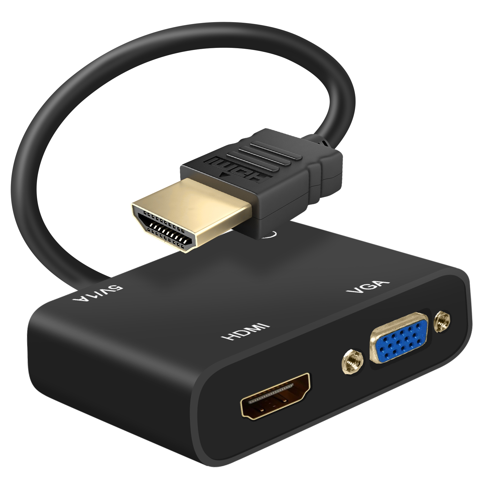 Un adattatore da HDMI a VGA. Nero con testo bianco. Sfondo bianco.