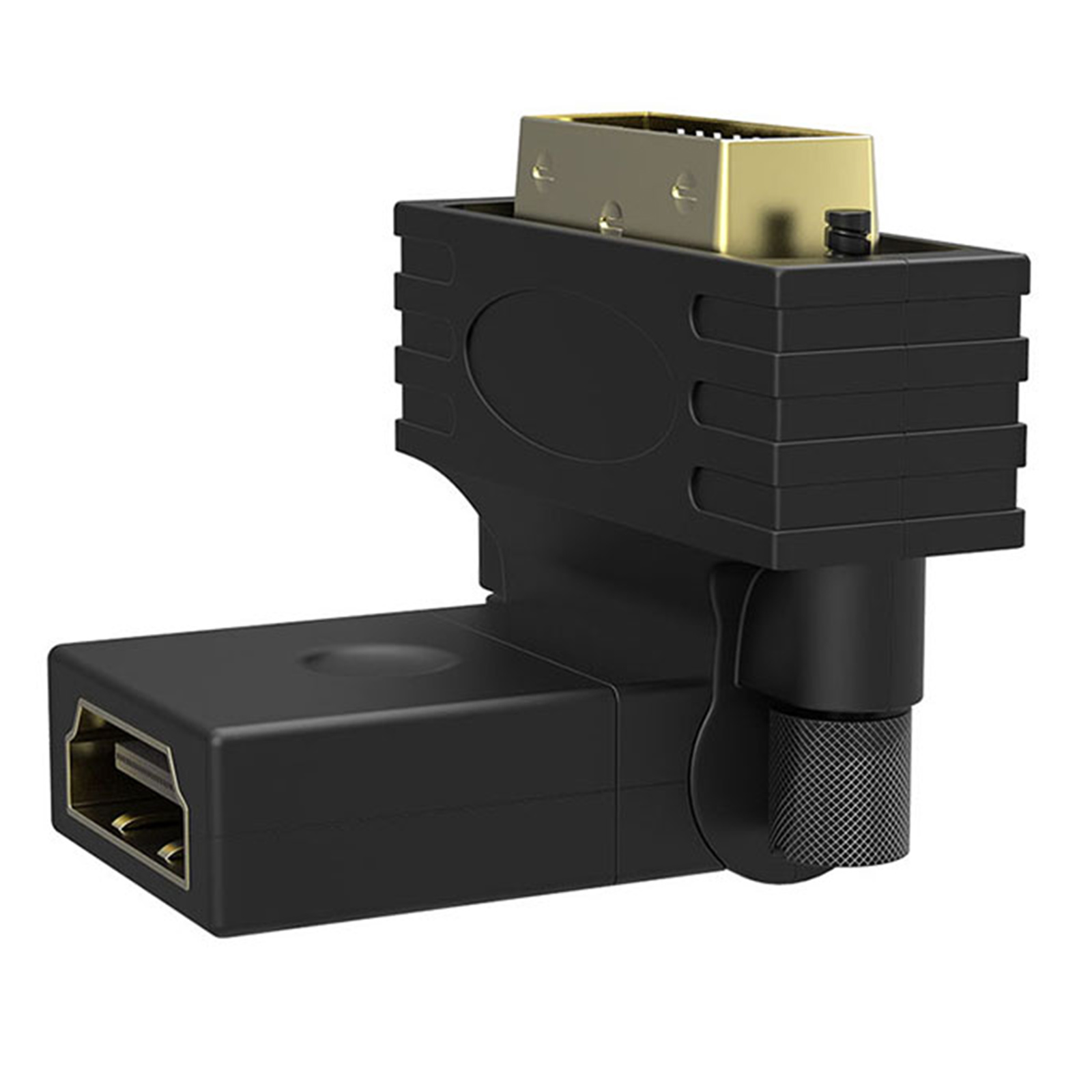 Adattatore HDMI nero a forma di L con connettore dorato e vite. Design angolato.