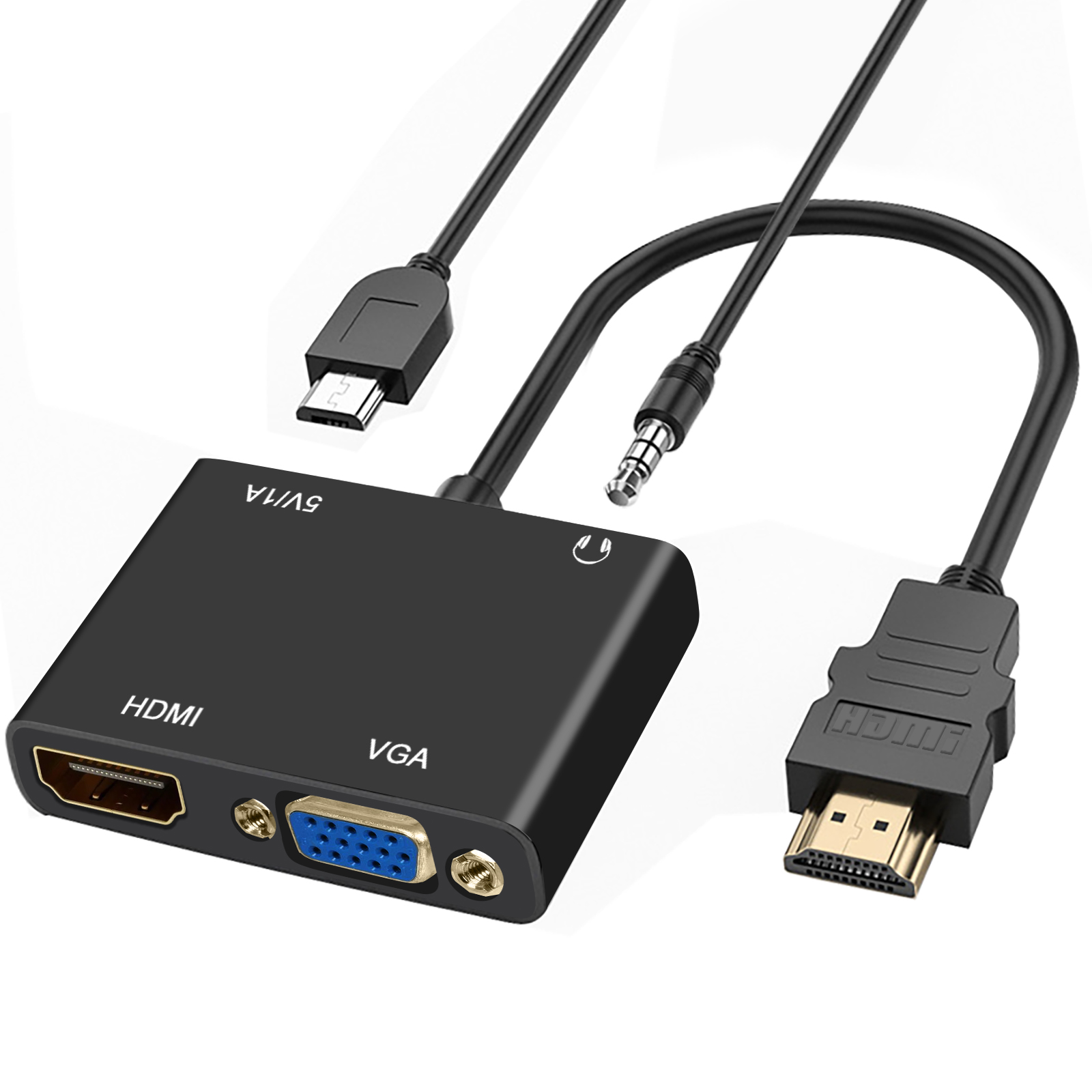 Un adattatore HDMI nero con porte HDMI, VGA e audio, e cavi collegati.