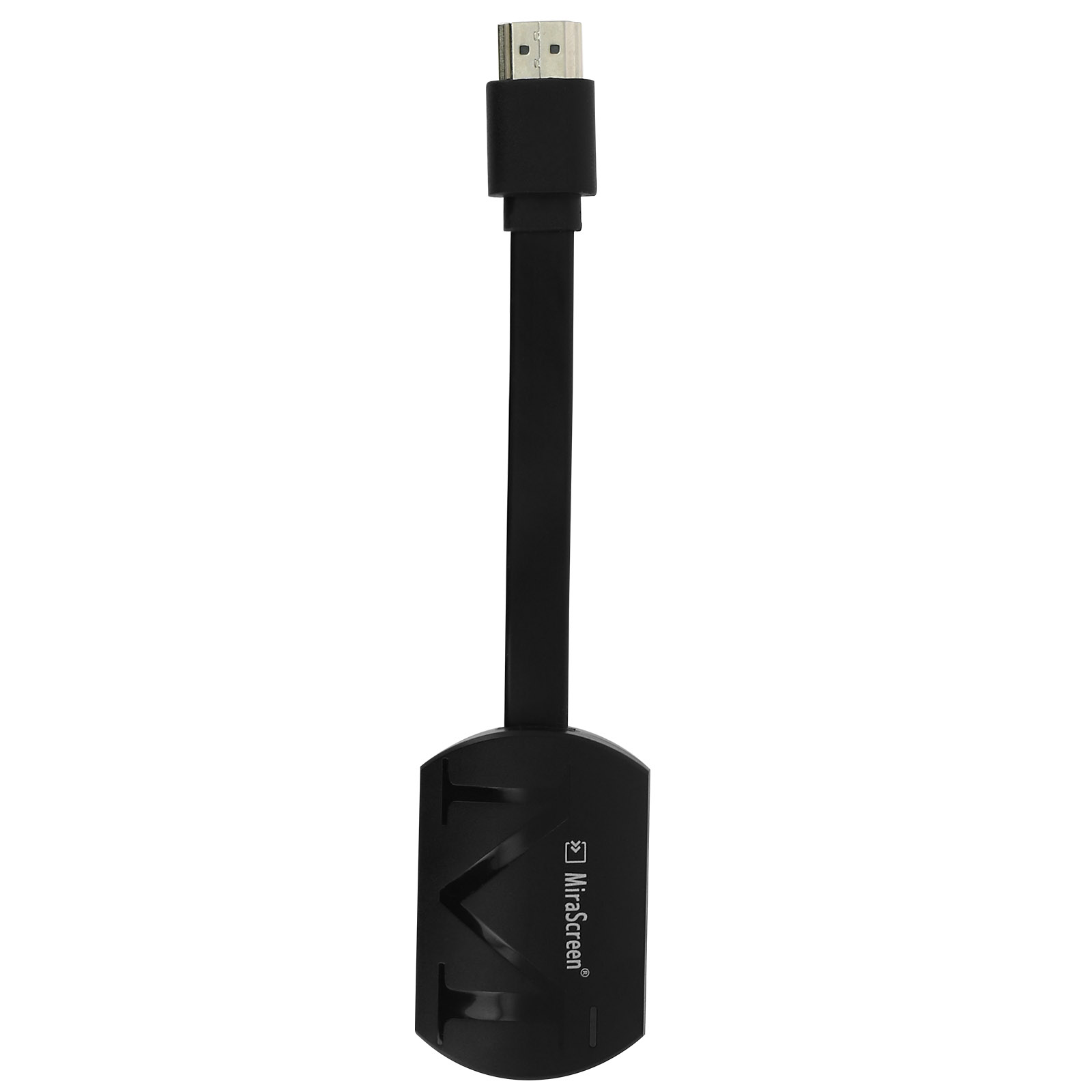 Adattatore HDMI MiraScreen nero con cavo nero. Sfondo bianco.