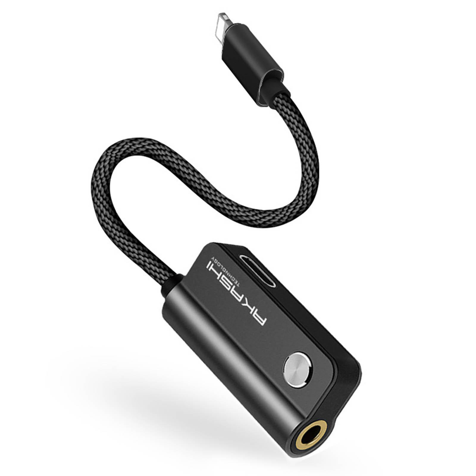 Adaptateur audio noir avec connecteur Lightning et prise casque.