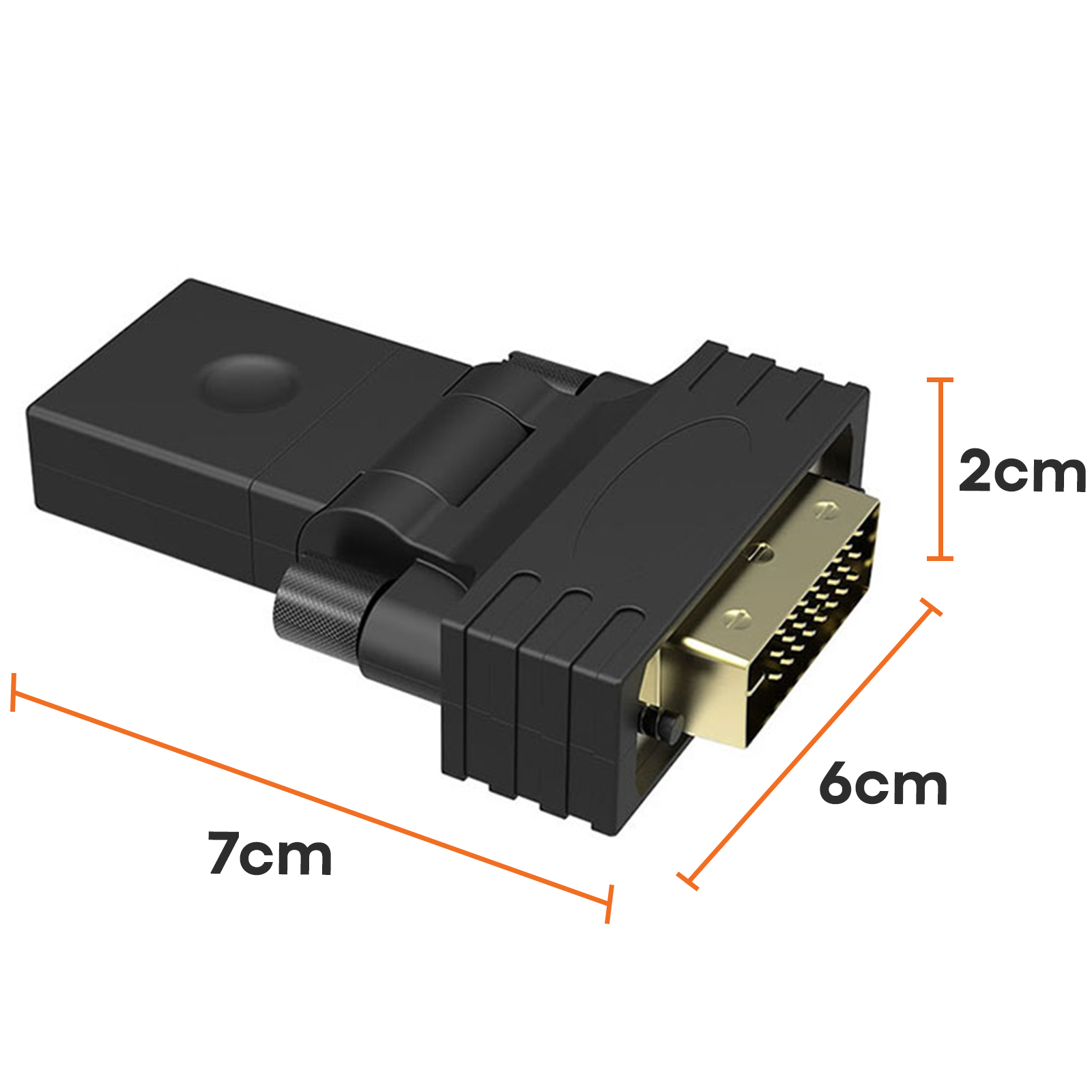 Adattatore SCART a DVI nero con misure 7cm x 6cm x 2cm.