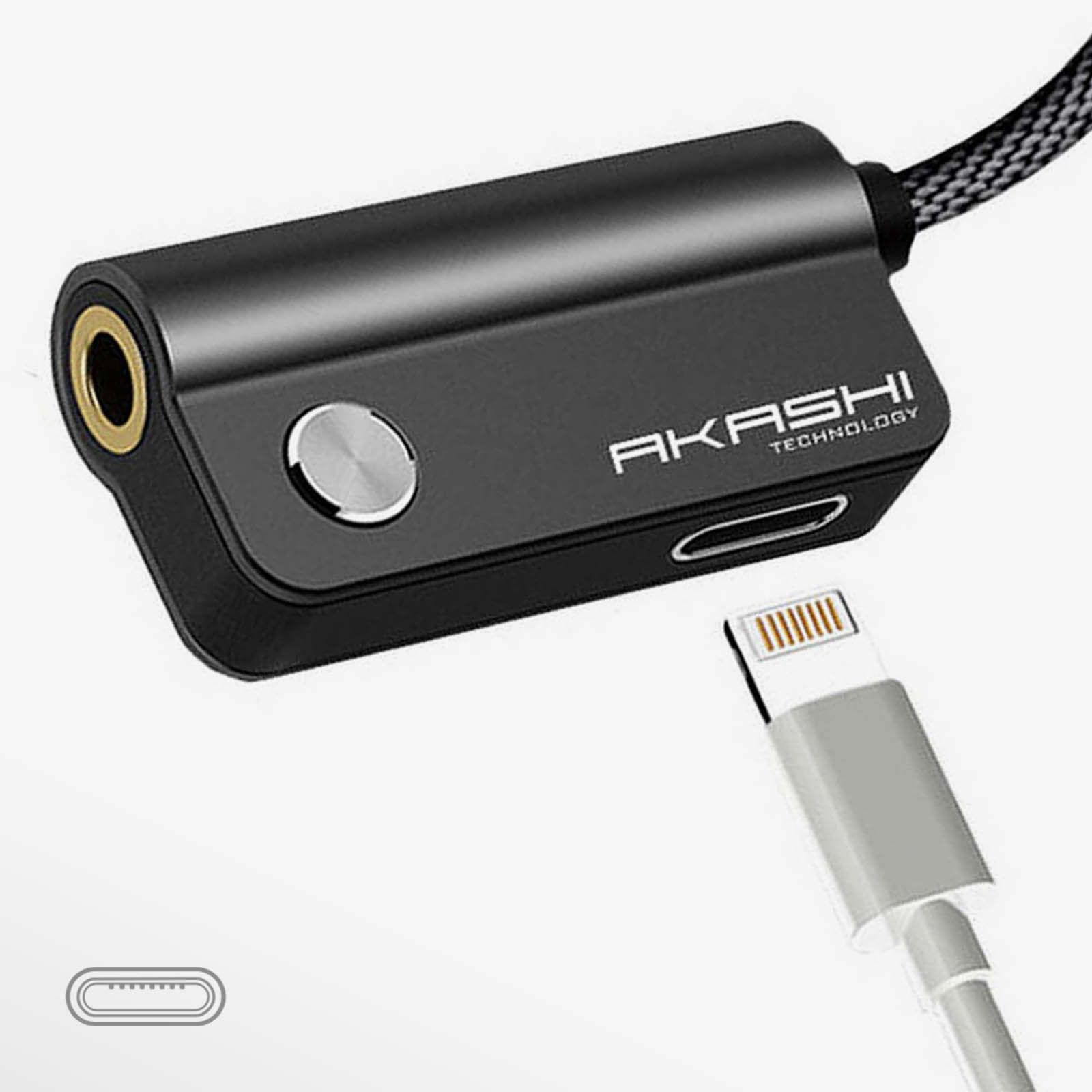 Adaptateur audio noir avec une prise casque et un connecteur de charge. Le texte 'AKASHI TECHNOLOGY' est visible.