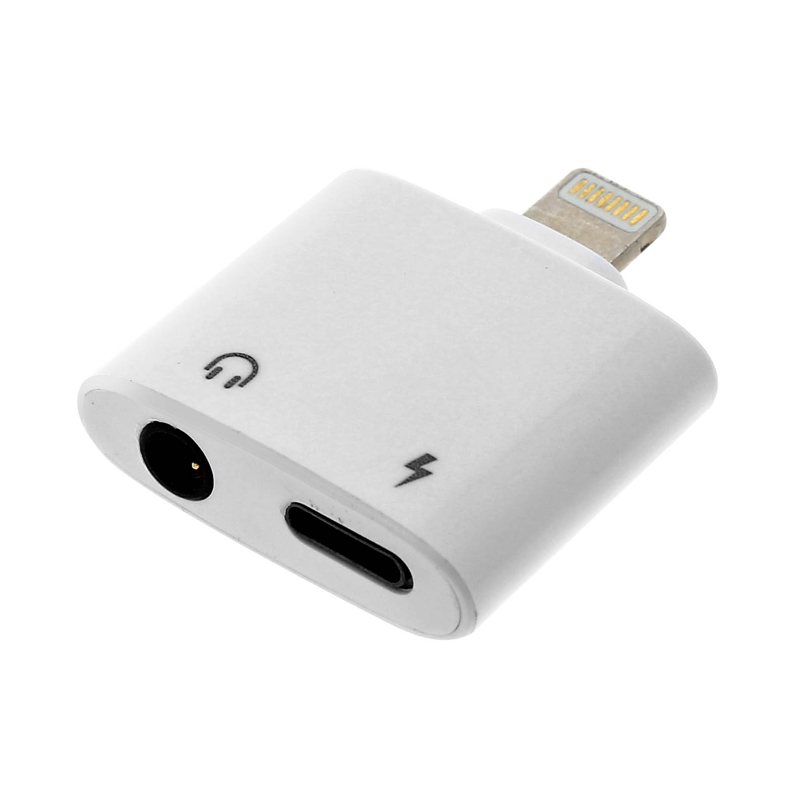 Un adaptateur blanc avec connecteur Lightning, port jack 3,5 mm et port USB-C.