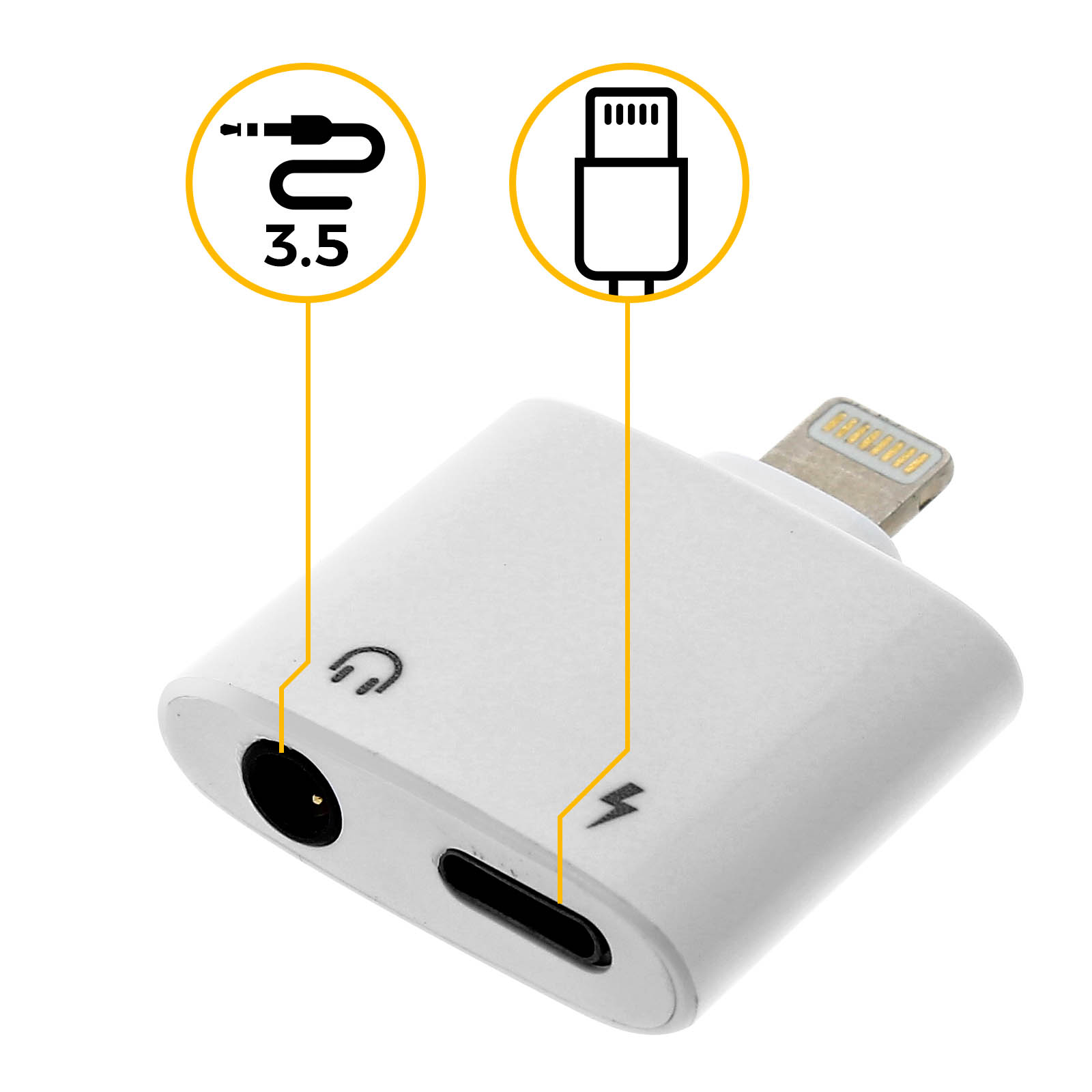 Adaptateur blanc avec ports 3,5 mm et Lightning, plus un port USB-C. Icônes.