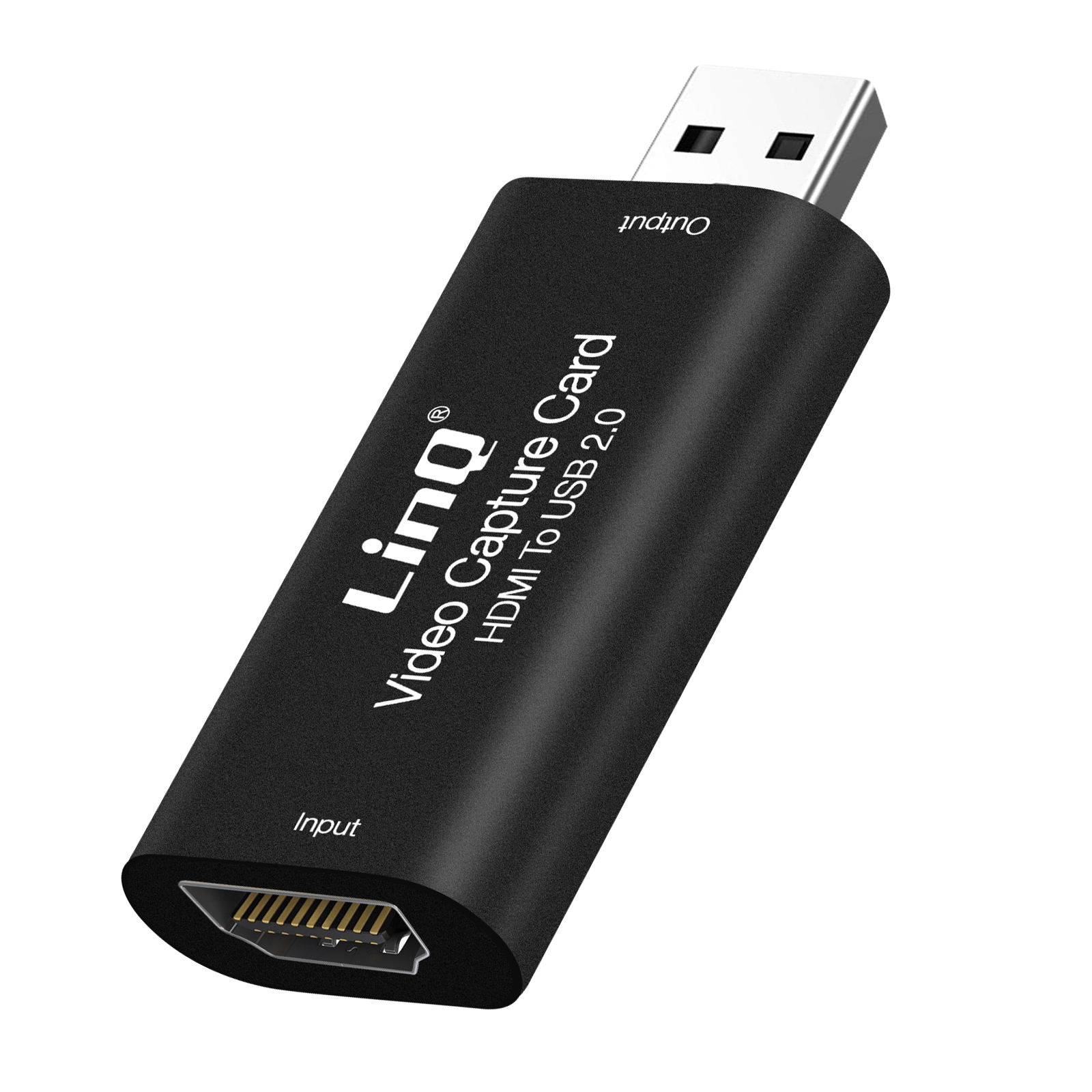Una scheda di acquisizione video nera. Ha una porta di ingresso e di uscita e il marchio Linq.