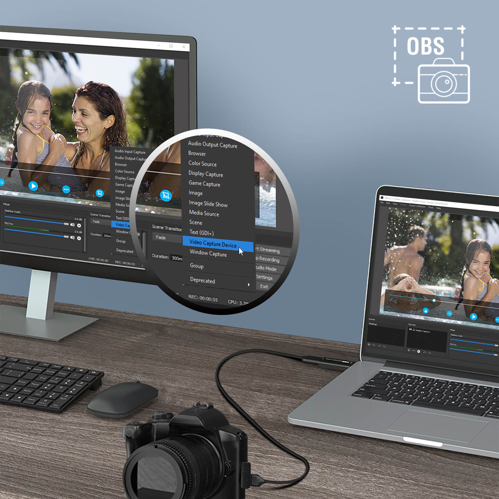 Un'installazione computer con laptop e monitor. Lo schermo mostra l'interfaccia OBS Studio e una fotocamera.