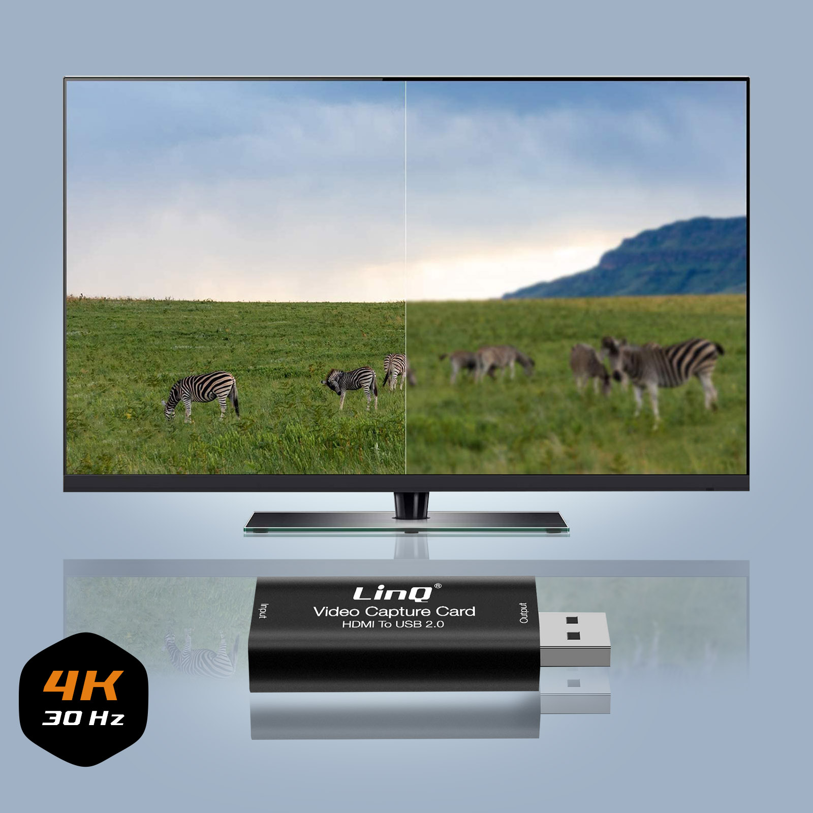 Uno schermo TV con zebre su un campo, una scheda di acquisizione sotto e testo 4K.