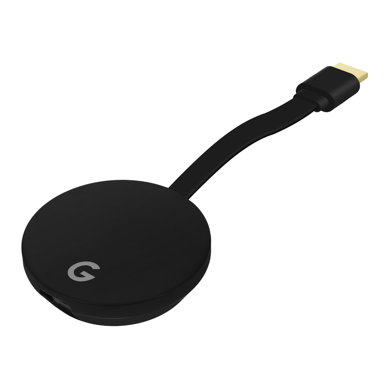 Dispositivo Google Chromecast nero con cavo curvo, isolato su bianco.