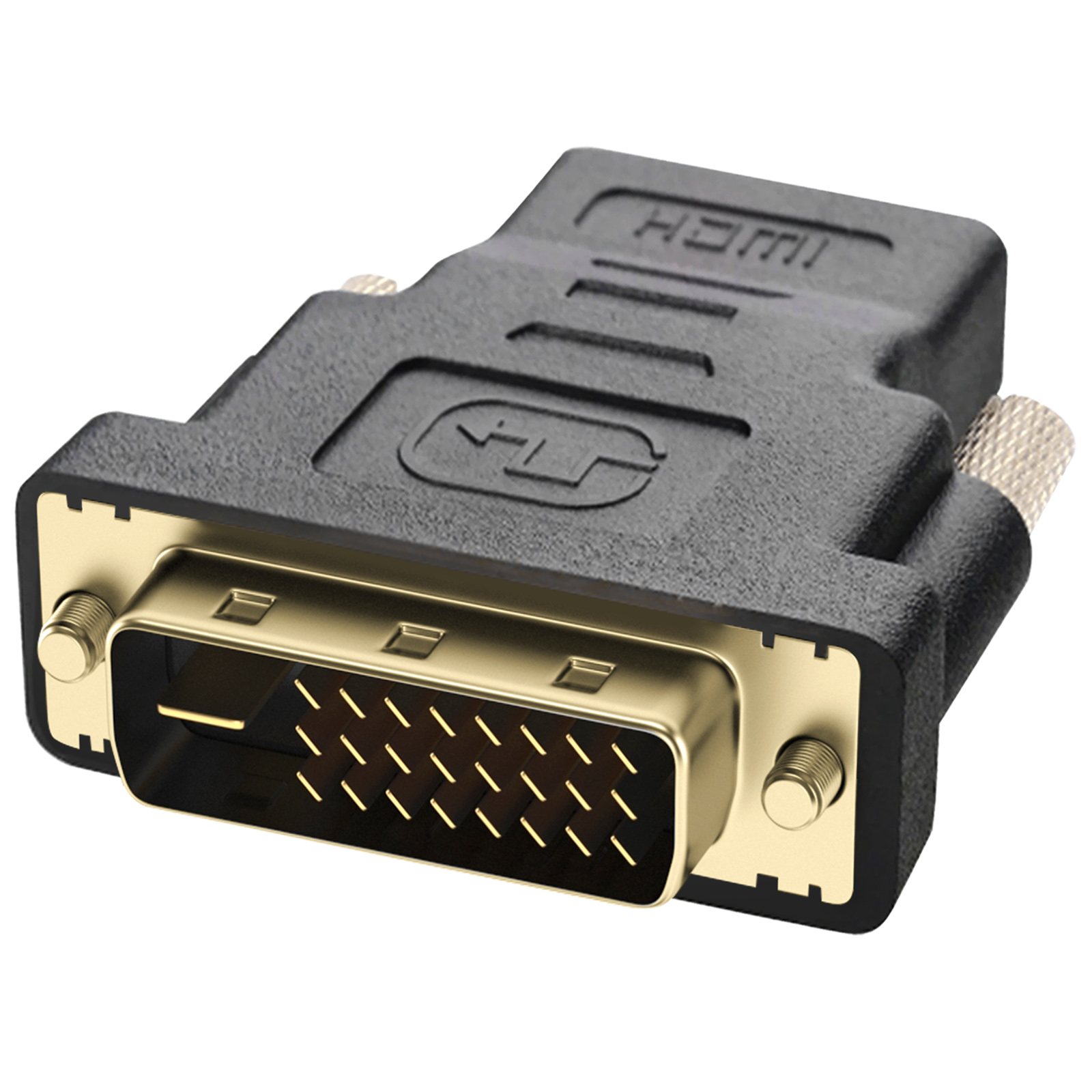 Adattatore HDMI a DVI nero e oro. Lo sfondo è bianco.