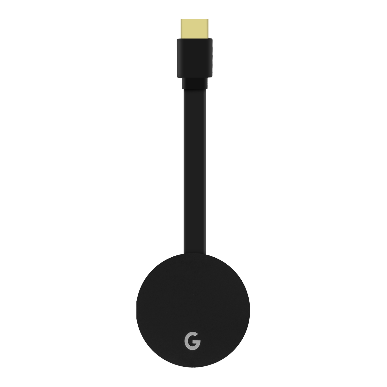 Dispositivo Google Chromecast nero con connettore USB-C e logo Google.