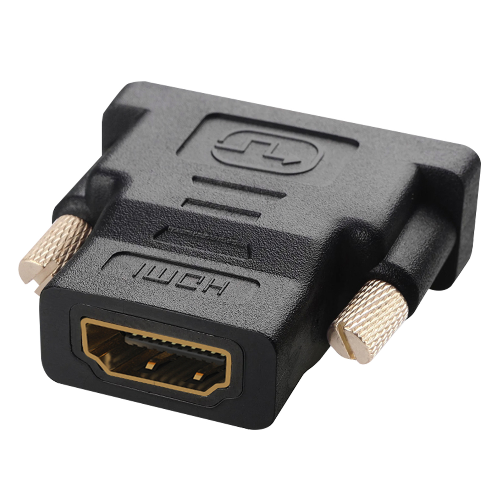 Adattatore HDMI a DVI nero con viti dorate. La porta HDMI è dorata. Sfondo bianco.