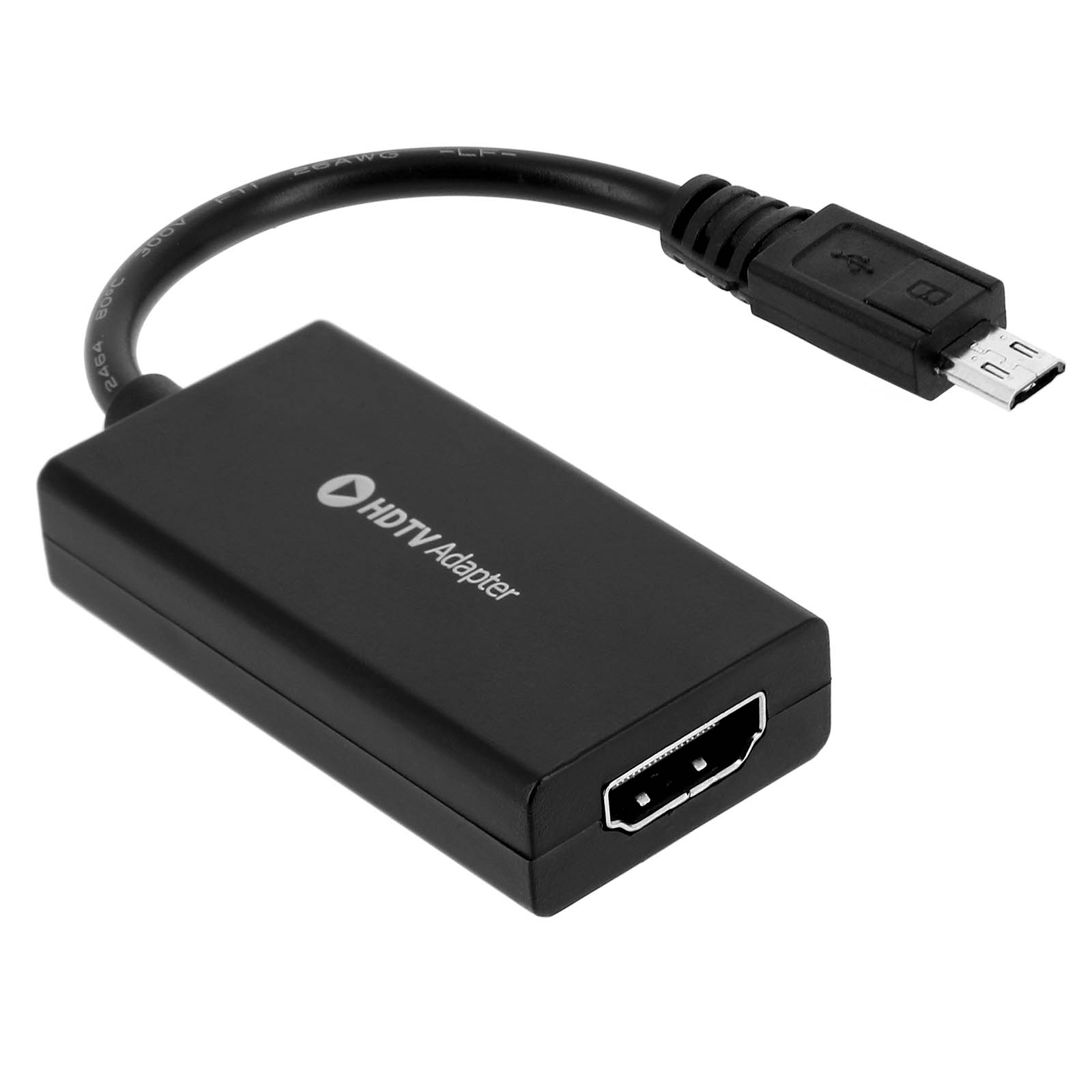 Schwarzer HDMI-zu-Micro-USB-Adapter mit gebogenem Kabel, beschriftet mit 'HDTV Adapter'.
