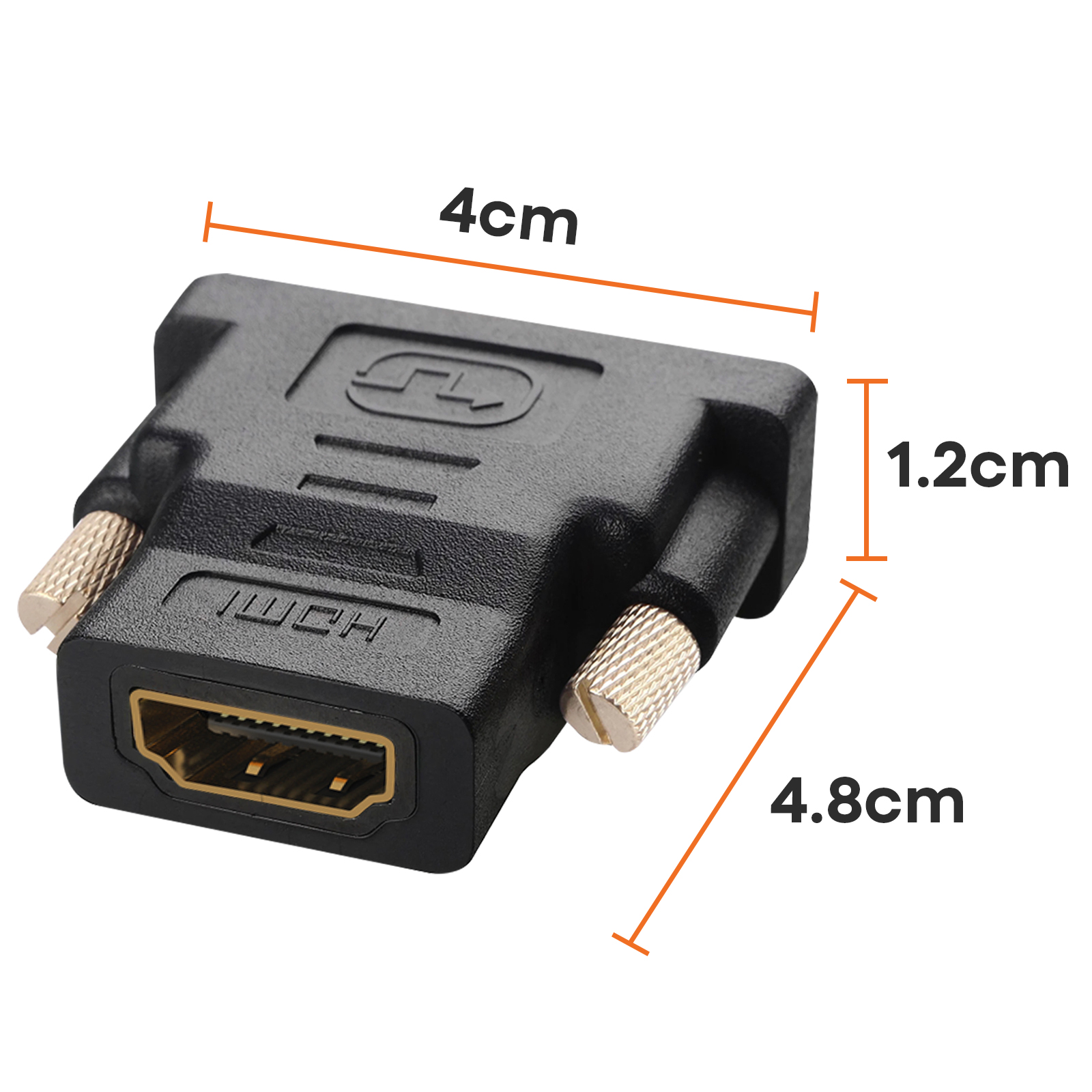 Adattatore da HDMI a DVI nero con dimensioni: 4 cm, 1,2 cm, 4,8 cm. Connettori dorati.