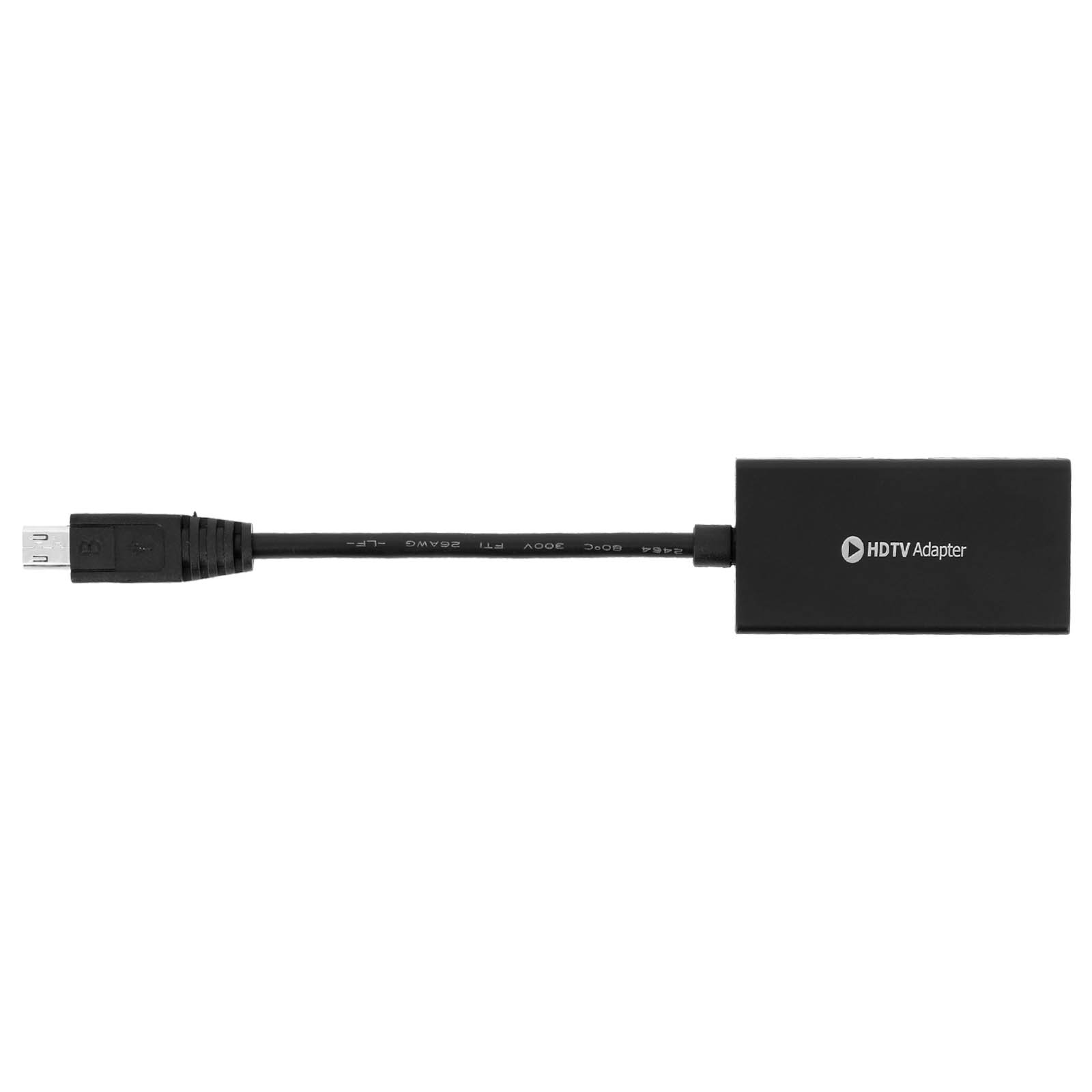 Schwarzer HDMI-Adapter mit USB-Kabel auf weißem Hintergrund.
