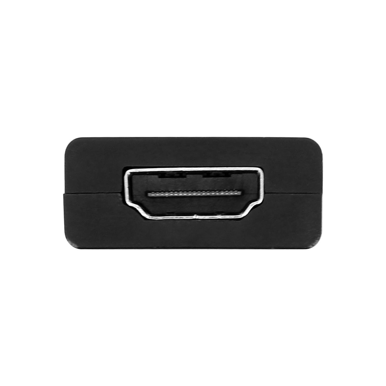 Ein schwarzer HDMI-Anschluss mit weißem Hintergrund.