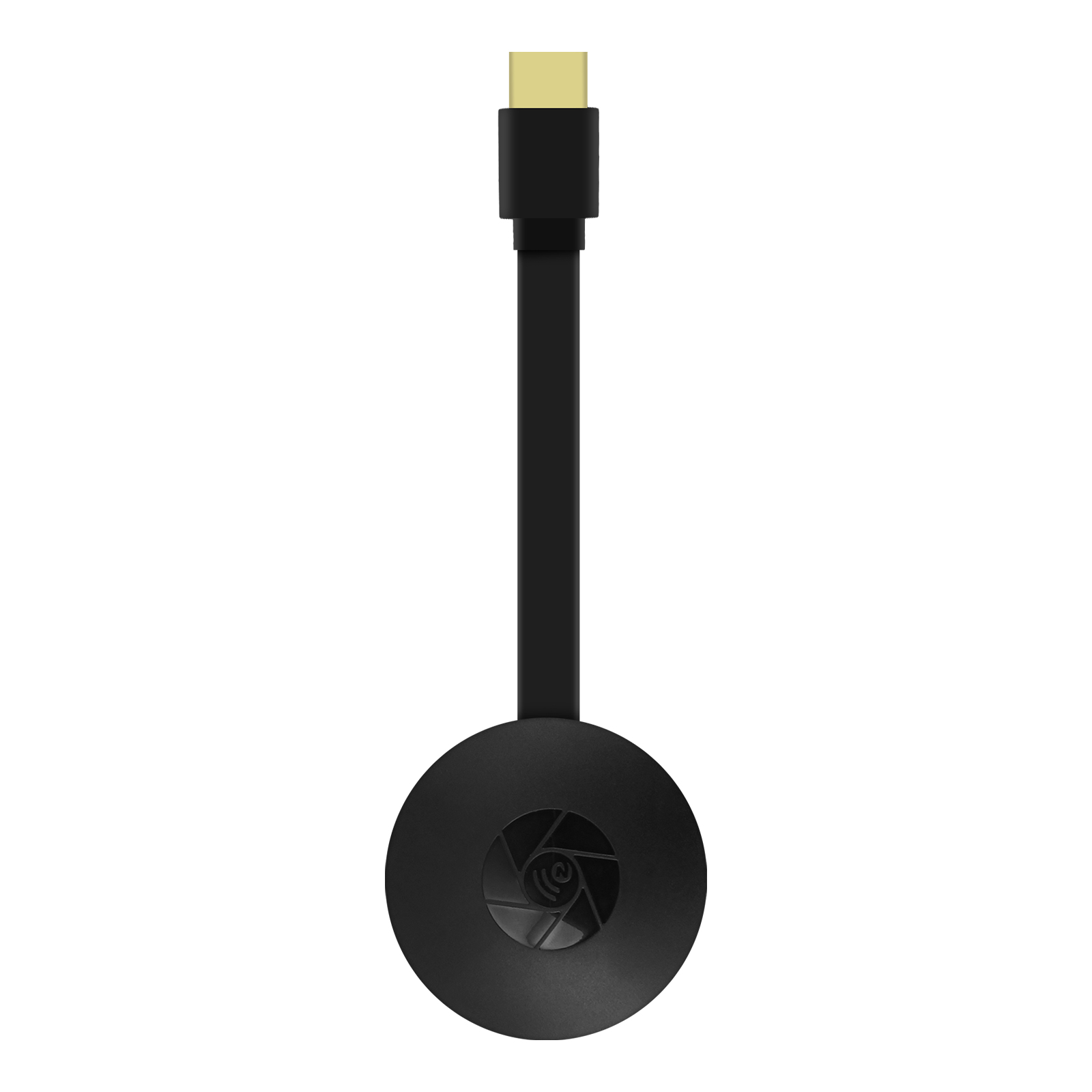 Dispositivo rotondo nero con un cavo. Il dispositivo ha un logo.