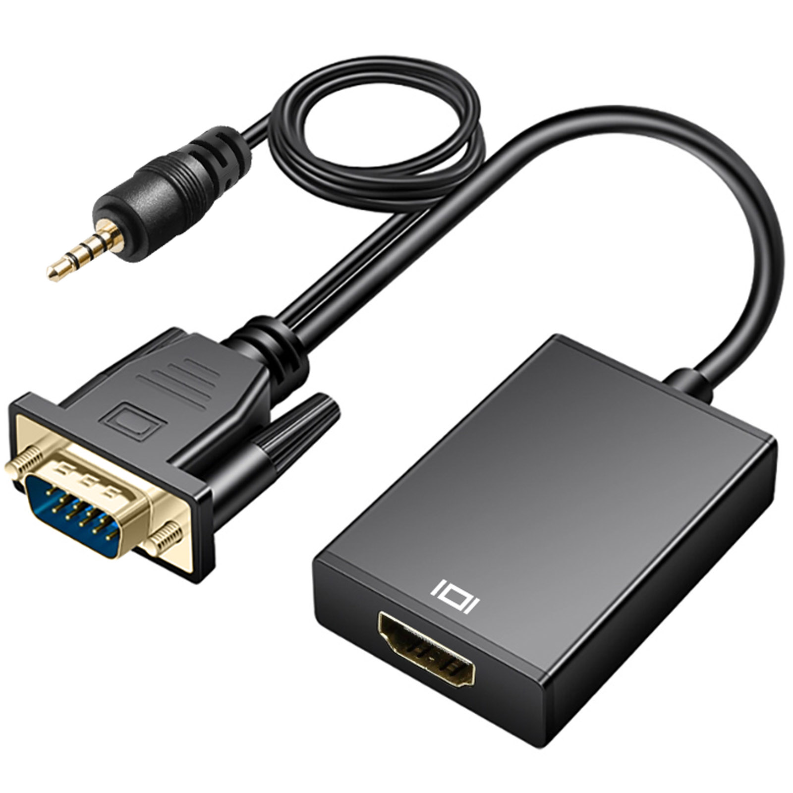 Un adattatore da HDMI a VGA nero con cavi. Ha una base rettangolare nera e un connettore dorato.