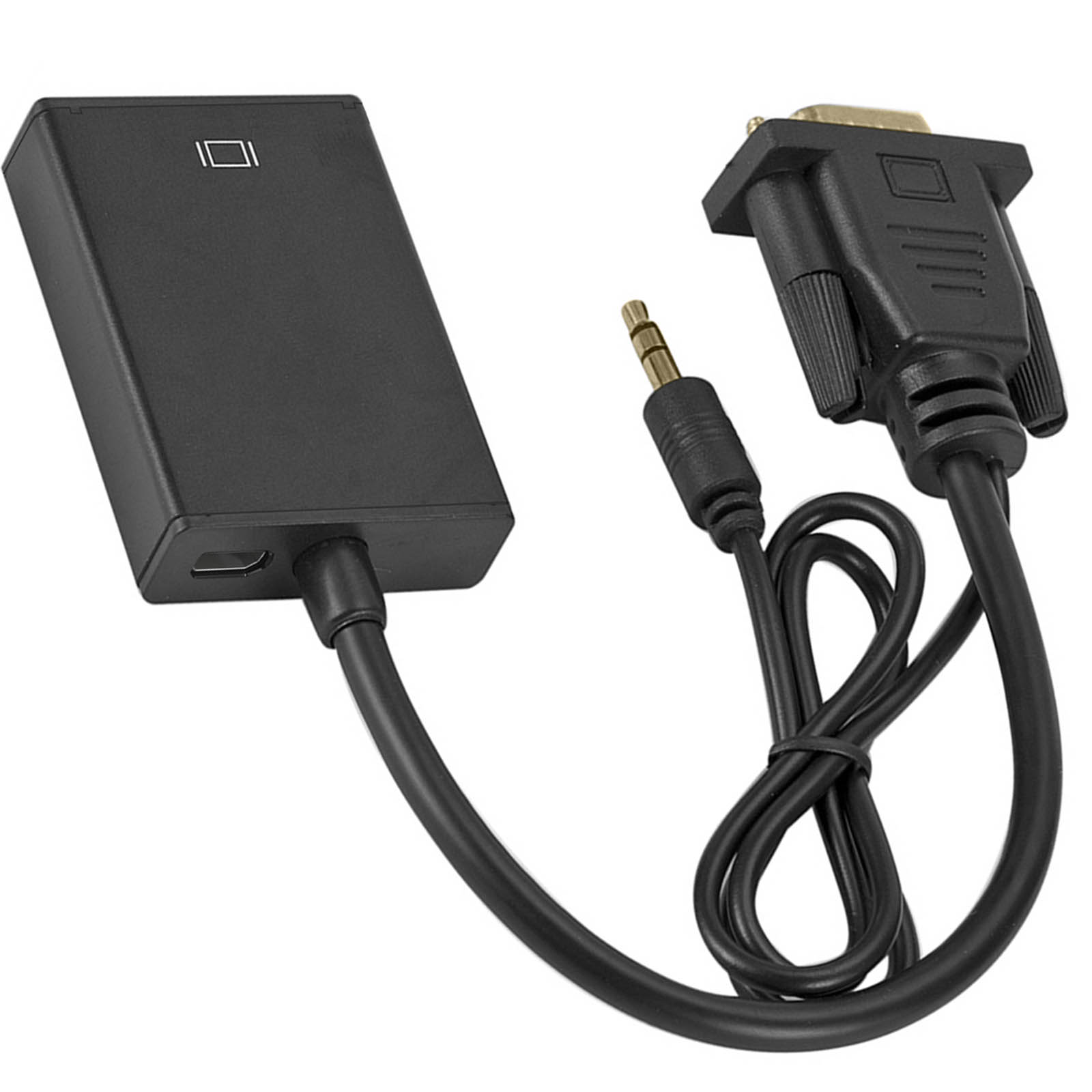 Un adattatore nero con porte e un cavo con spina. È un adattatore VGA.