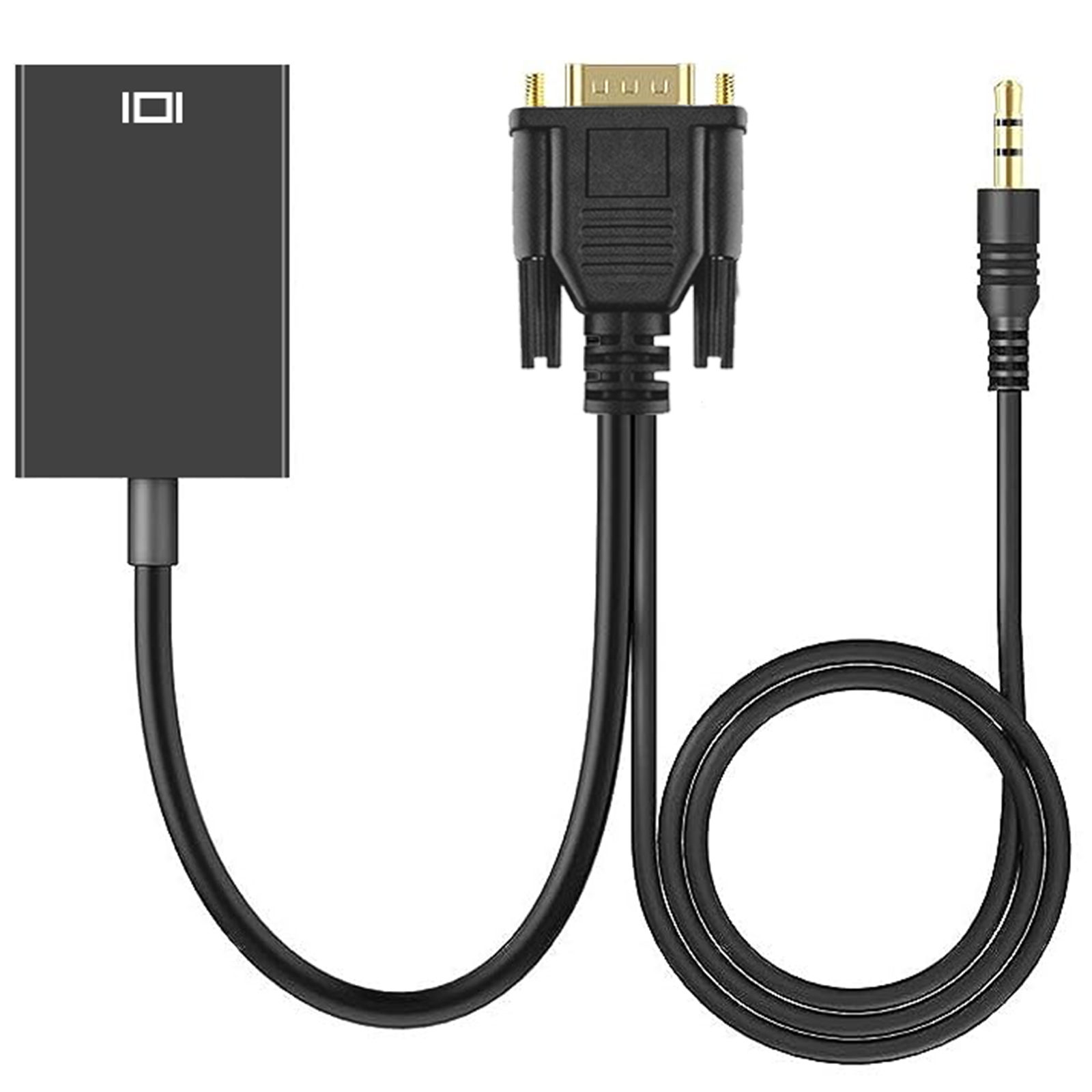 Un cavo nero da VGA ad audio con una scatola convertitore nera.