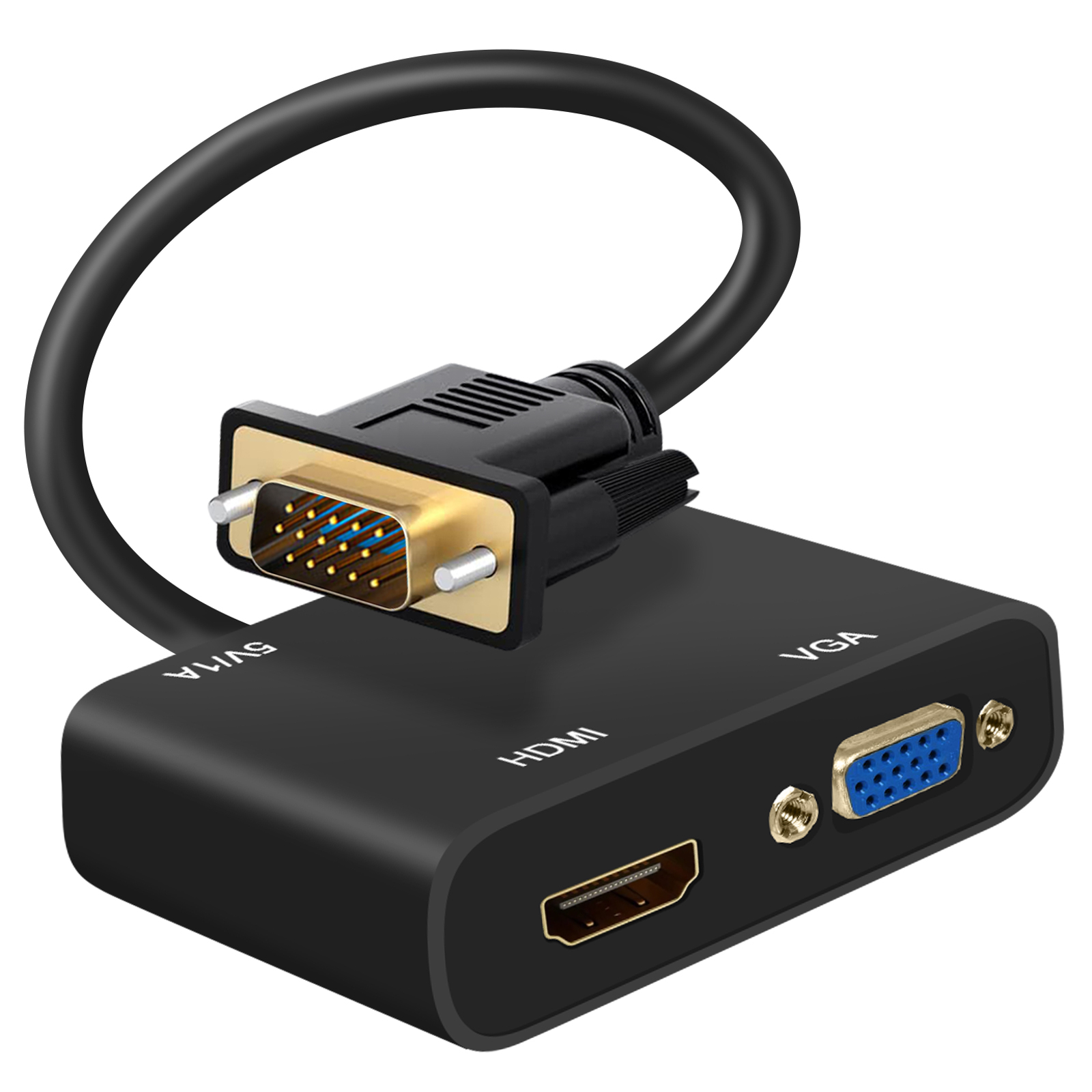 Adattatore da HDMI a VGA nero con porte VGA e SVGA.