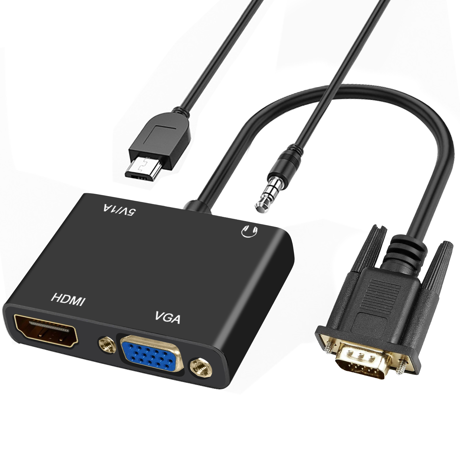 Un adattatore nero da HDMI a VGA con cavi di collegamento.