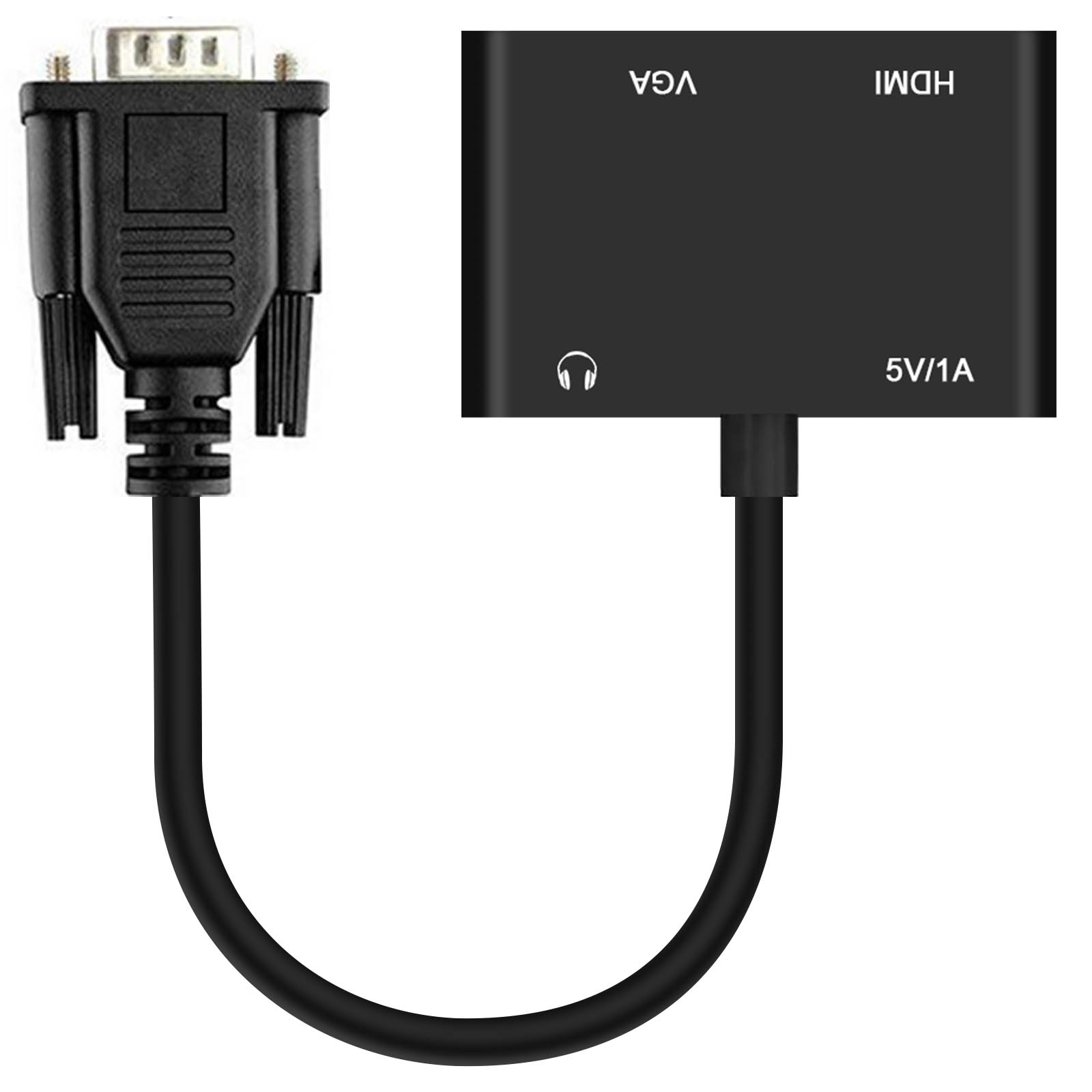 Adattatore da VGA a HDMI nero con cavo. Etichette HDMI e VGA visibili.