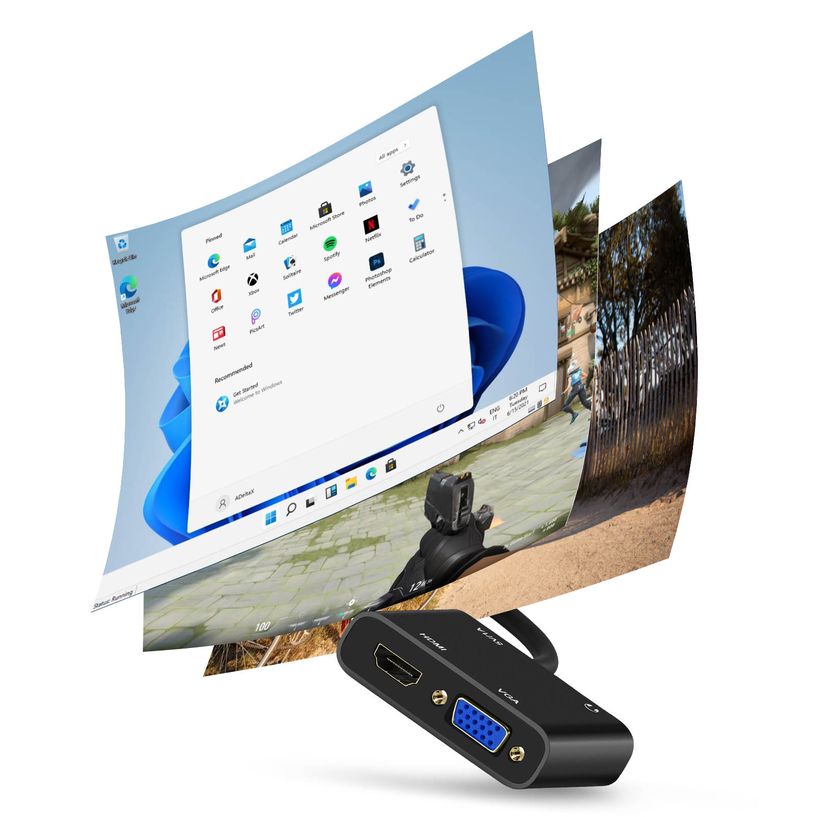 Un adattatore da HDMI a VGA nero, con una sovrapposizione del desktop di Windows. Una scena di gioco sullo sfondo.