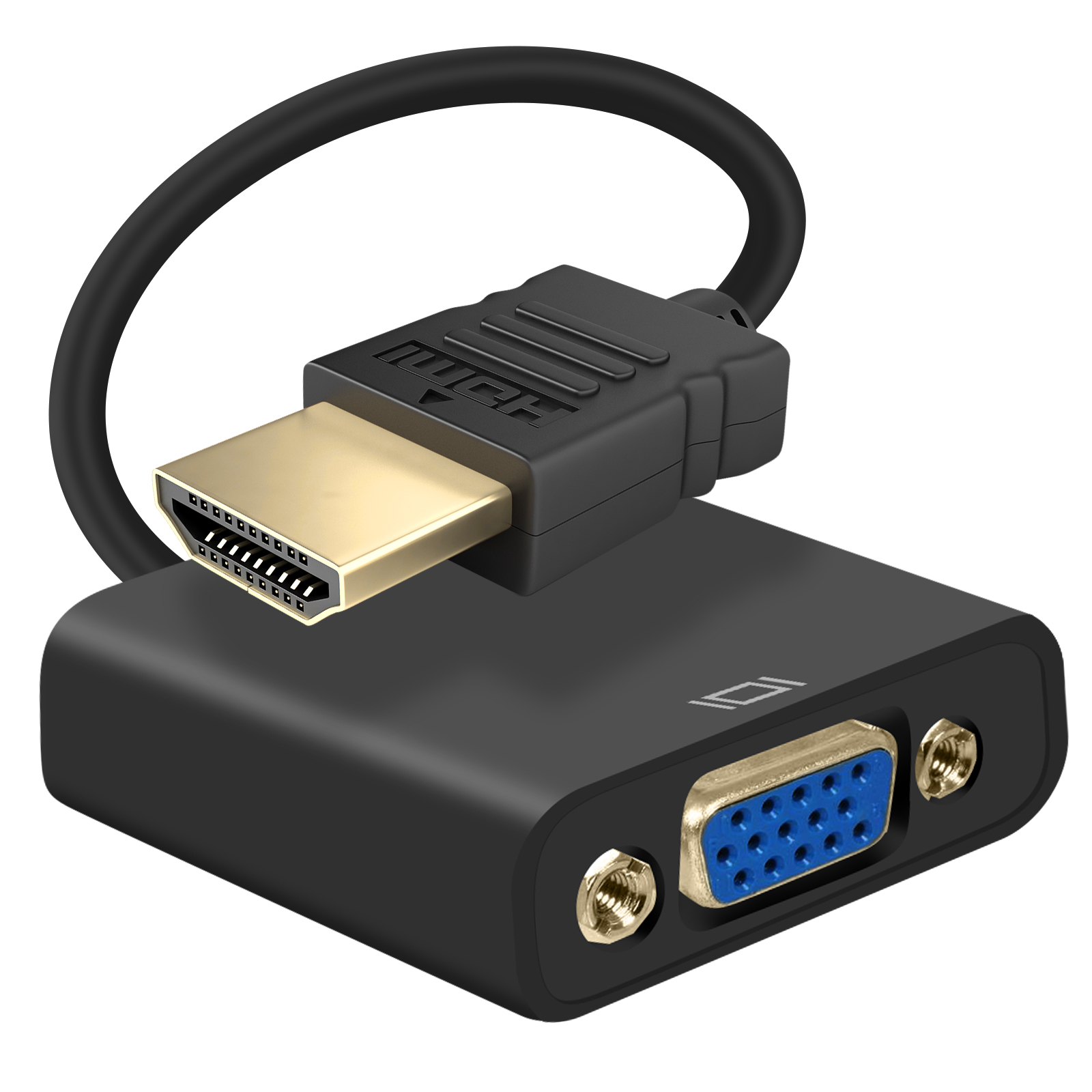 Cavo adattatore da HDMI a VGA nero con connettore HDMI dorato e connettore VGA blu.