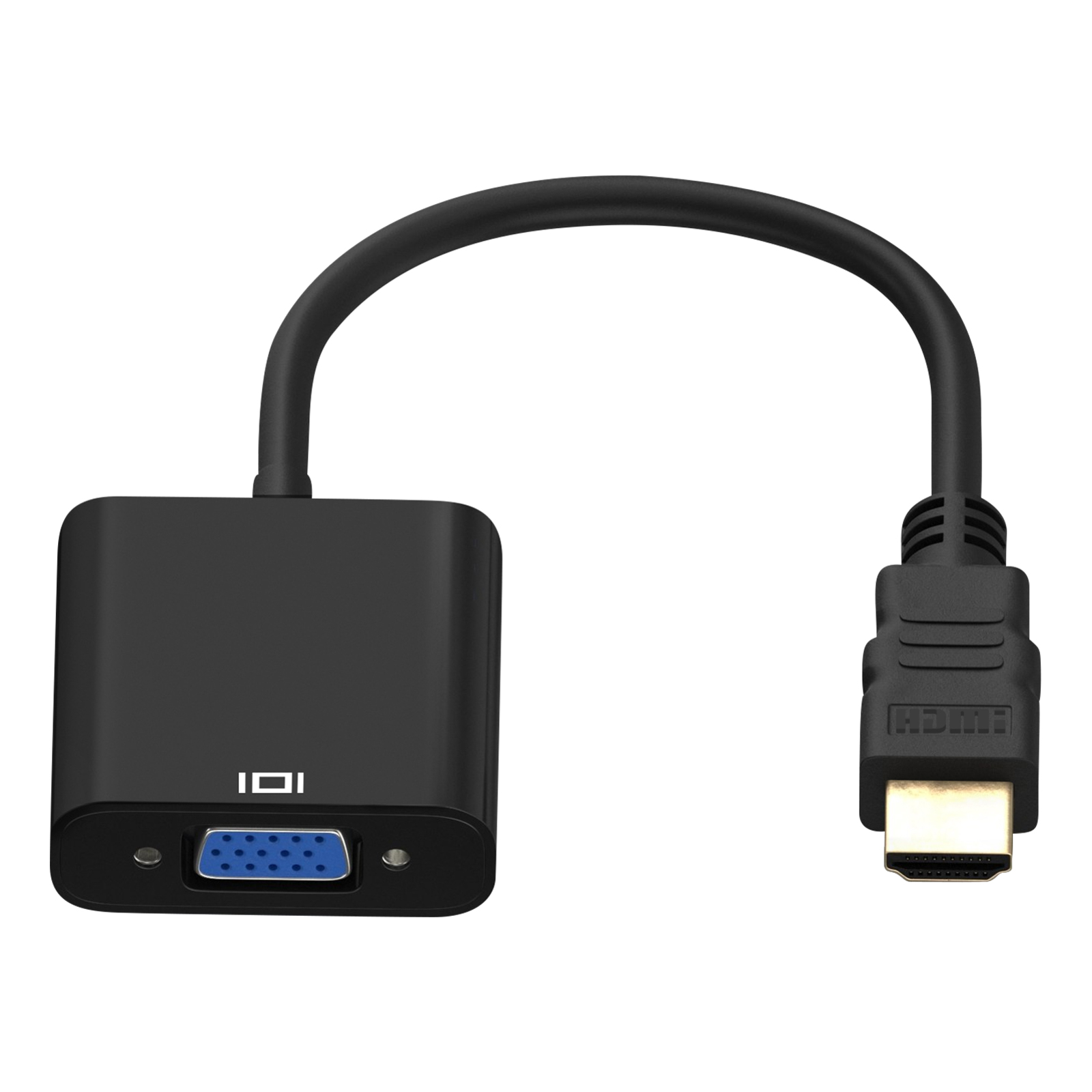 Adattatore da HDMI a VGA nero, con ingresso blu. Sfondo bianco.