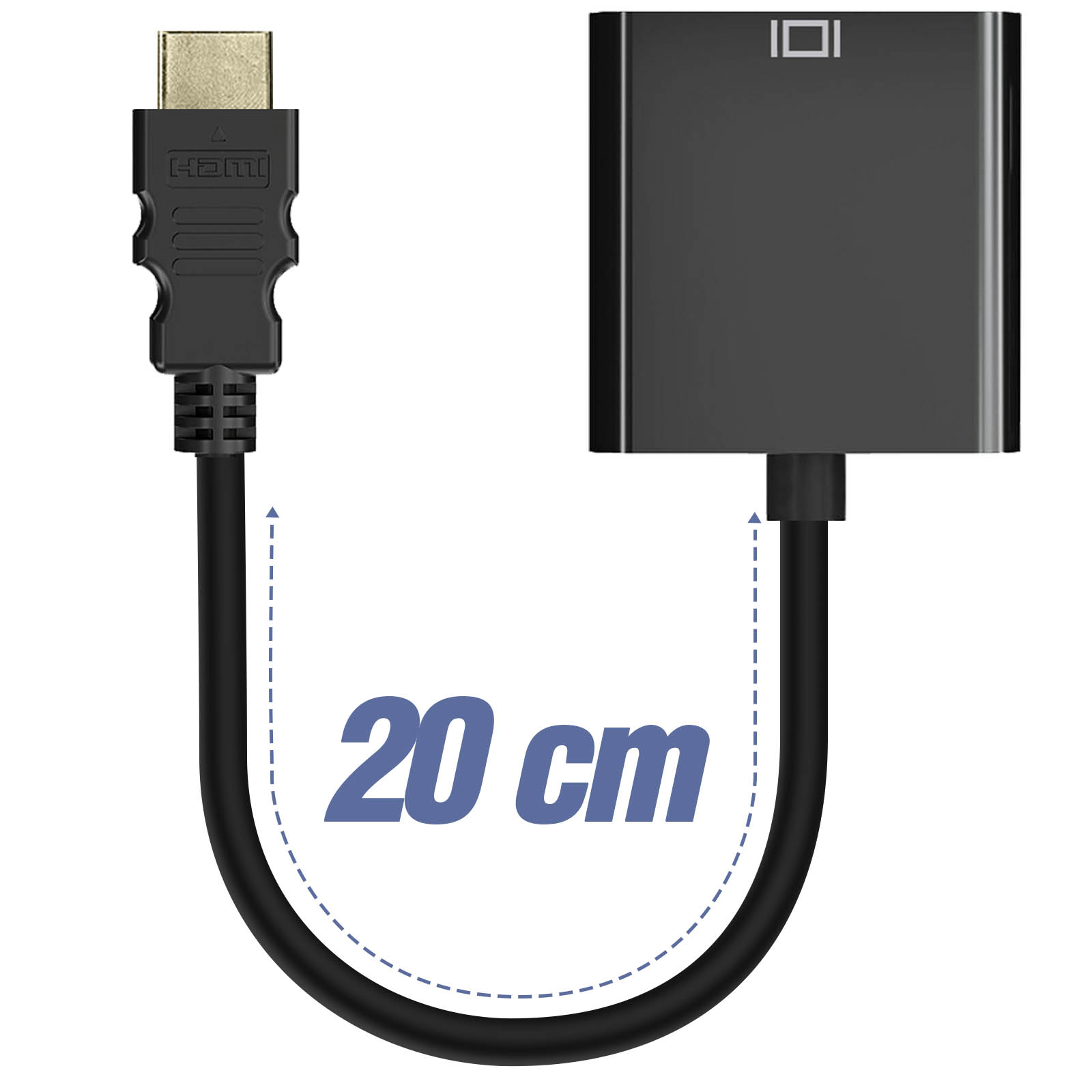 Cavo HDMI collegato a un adattatore nero. Etichetta 20 cm su sfondo bianco.